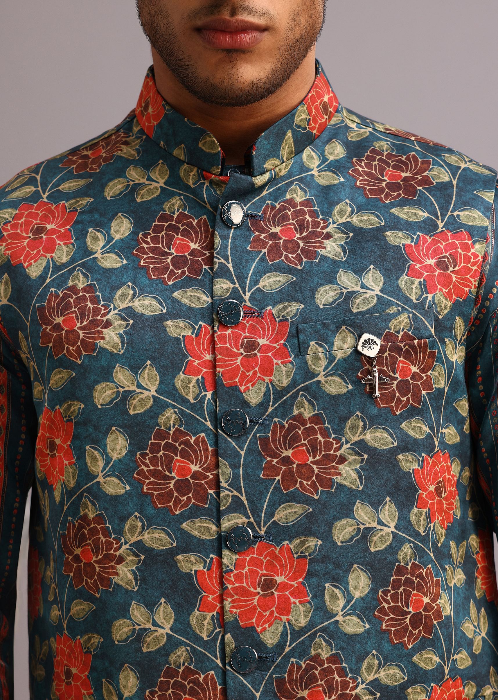 Blue Silk Floral And Stripe Print Jacket Kurta Set - Image 2