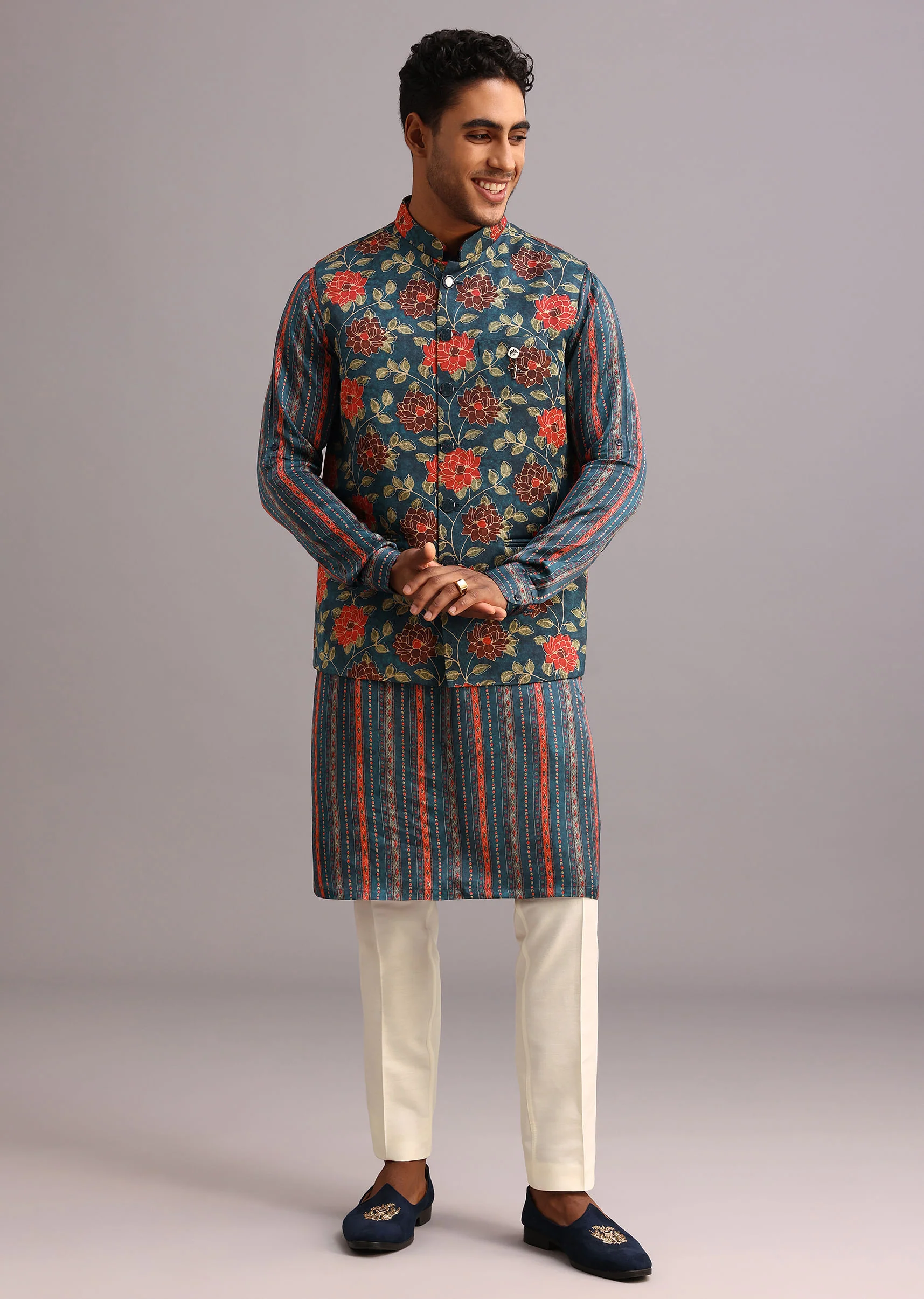 Blue Silk Floral And Stripe Print Jacket Kurta Set - Image 3