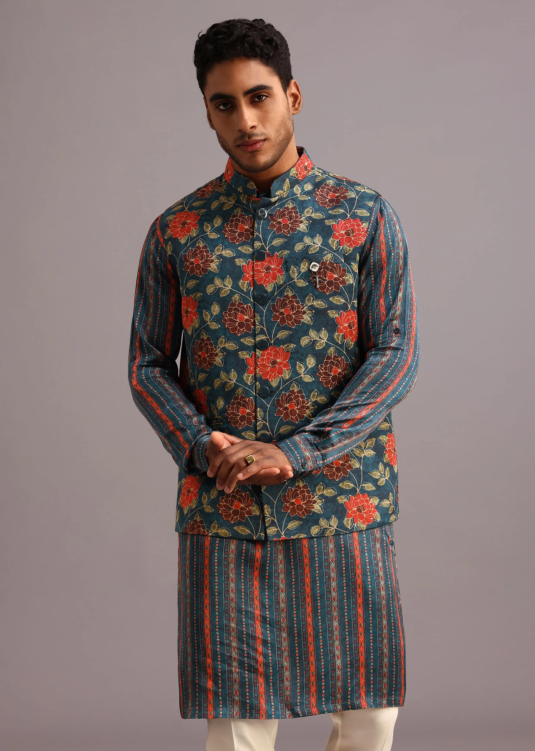 Blue Silk Floral And Stripe Print Jacket Kurta Set - Image 4