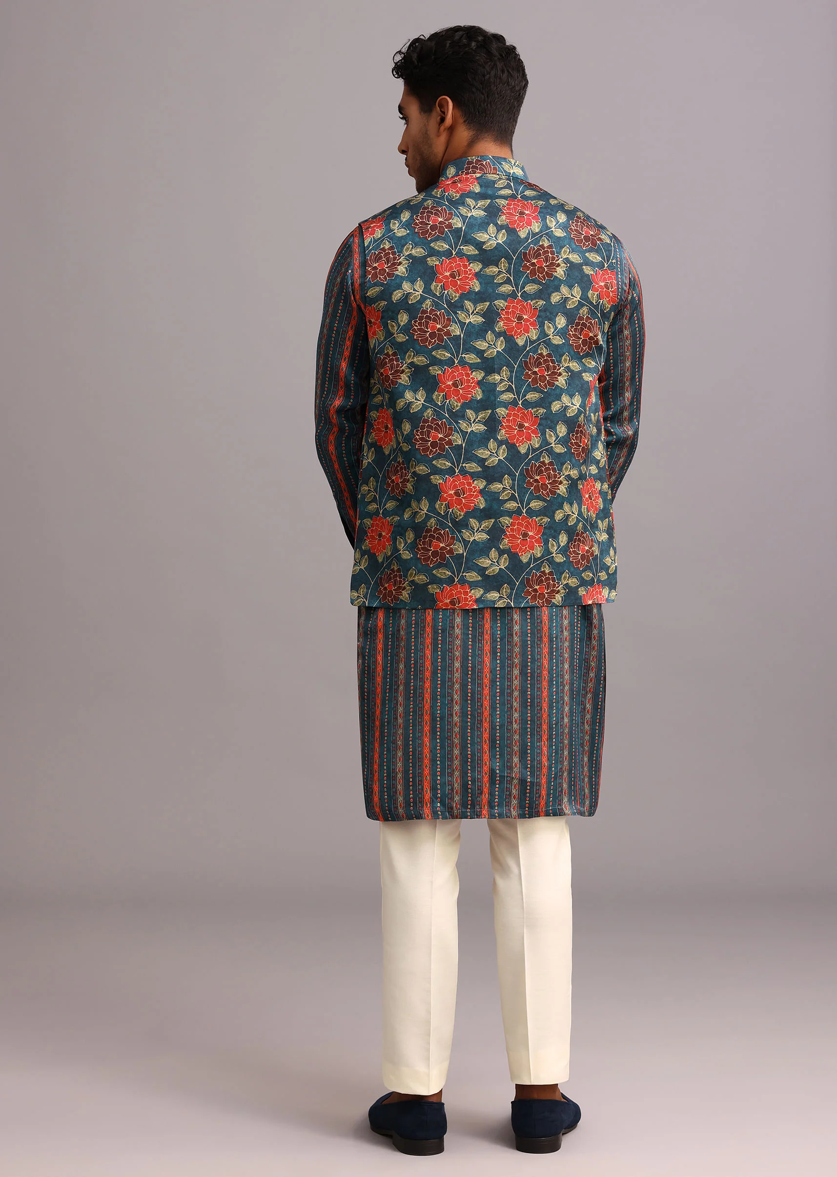 Blue Silk Floral And Stripe Print Jacket Kurta Set - Image 5