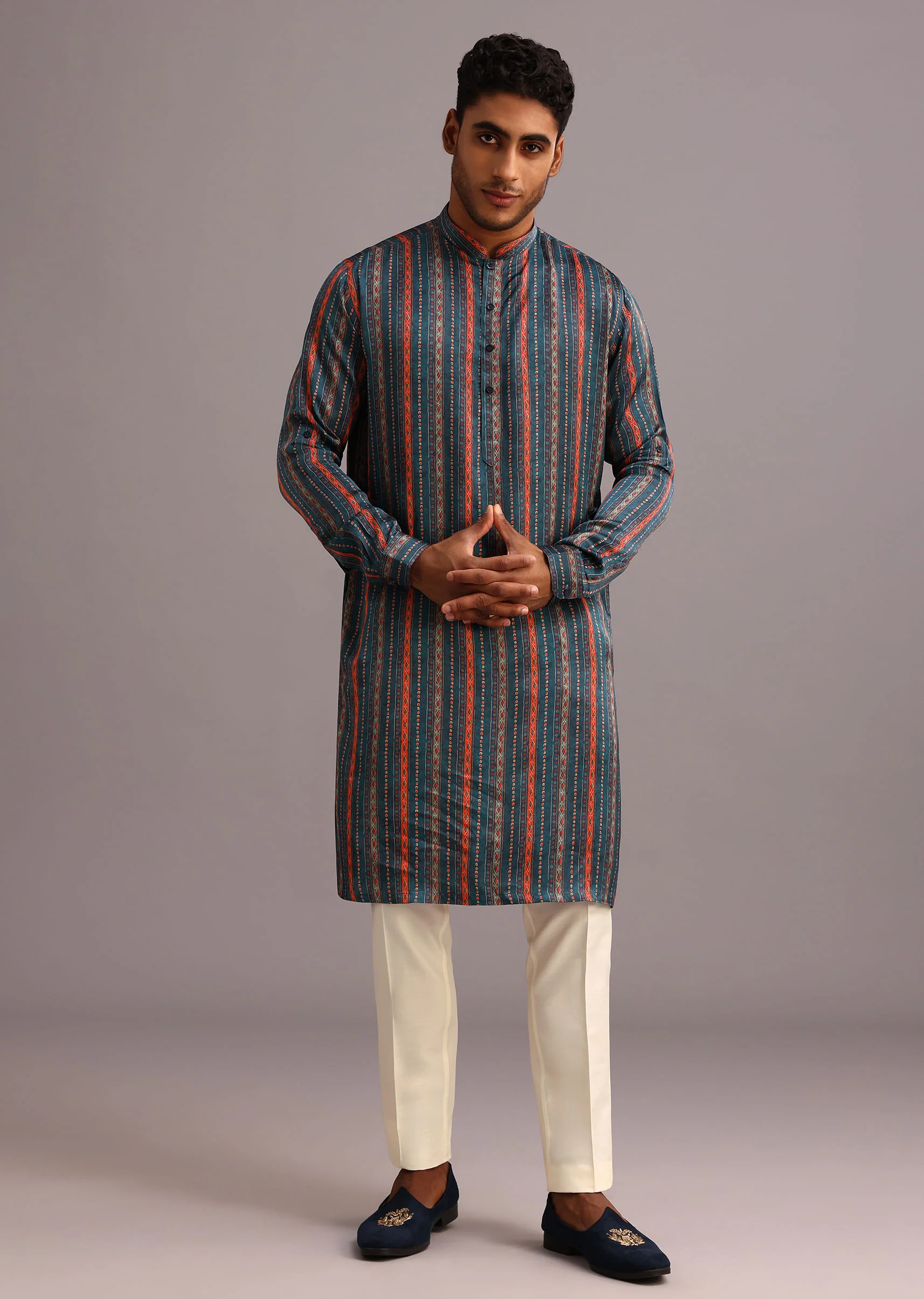 Blue Silk Floral And Stripe Print Jacket Kurta Set - Image 6