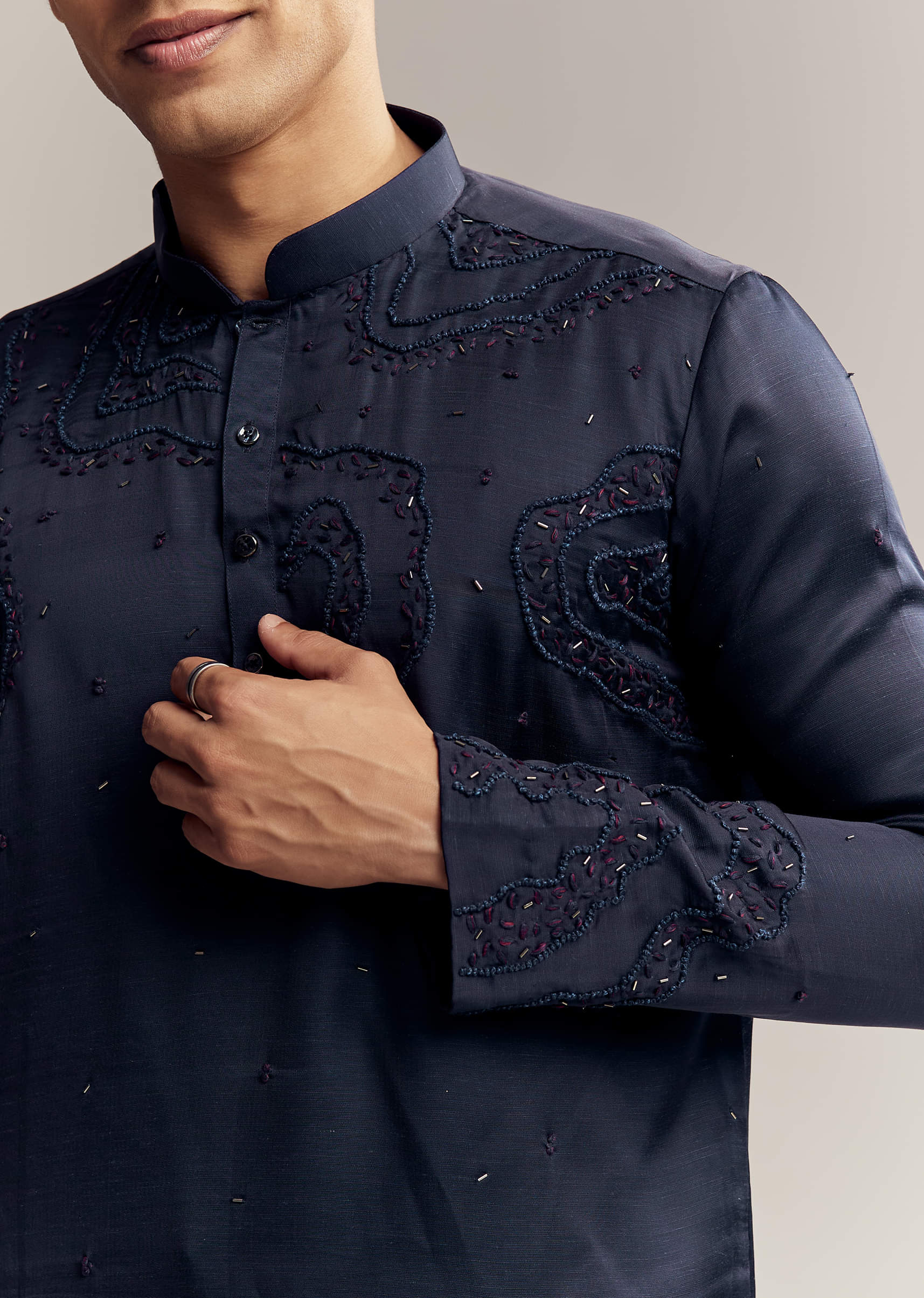 Blue Silk Hand Embroidered Kurta Set For Men - Image 3