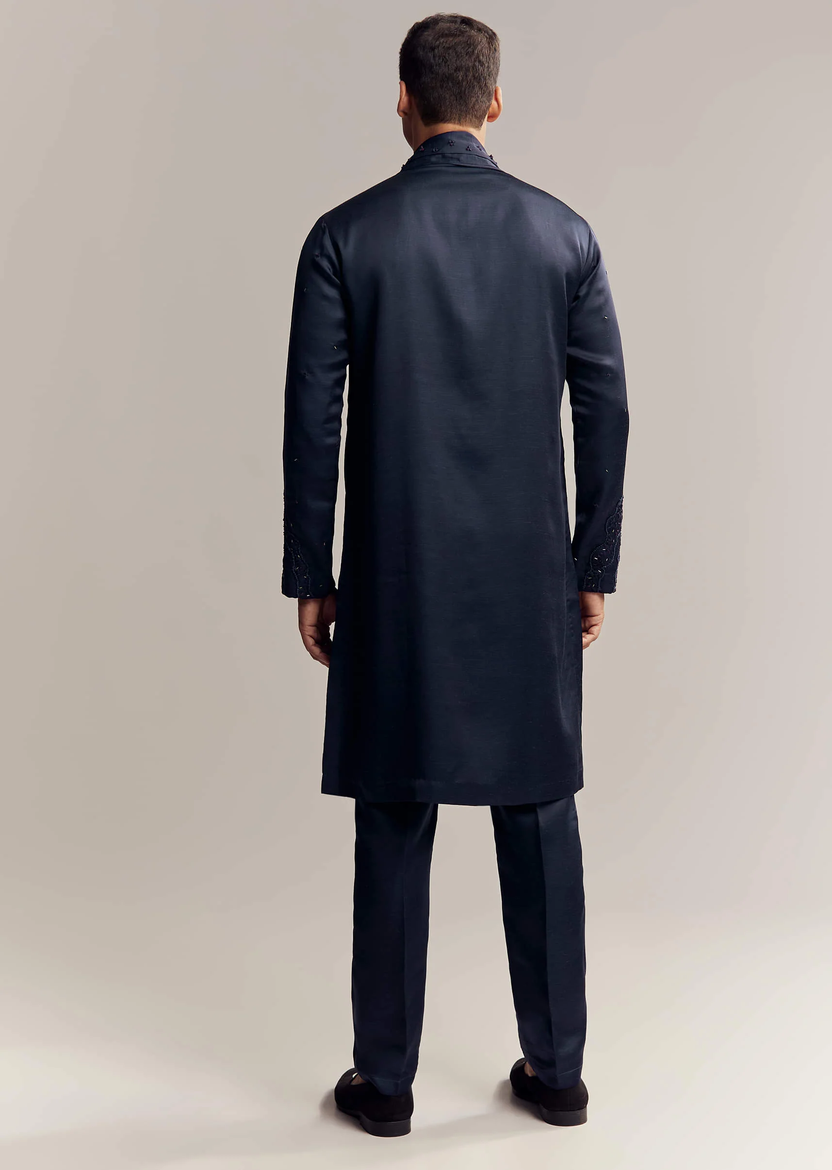 Blue Silk Hand Embroidered Kurta Set For Men - Image 5