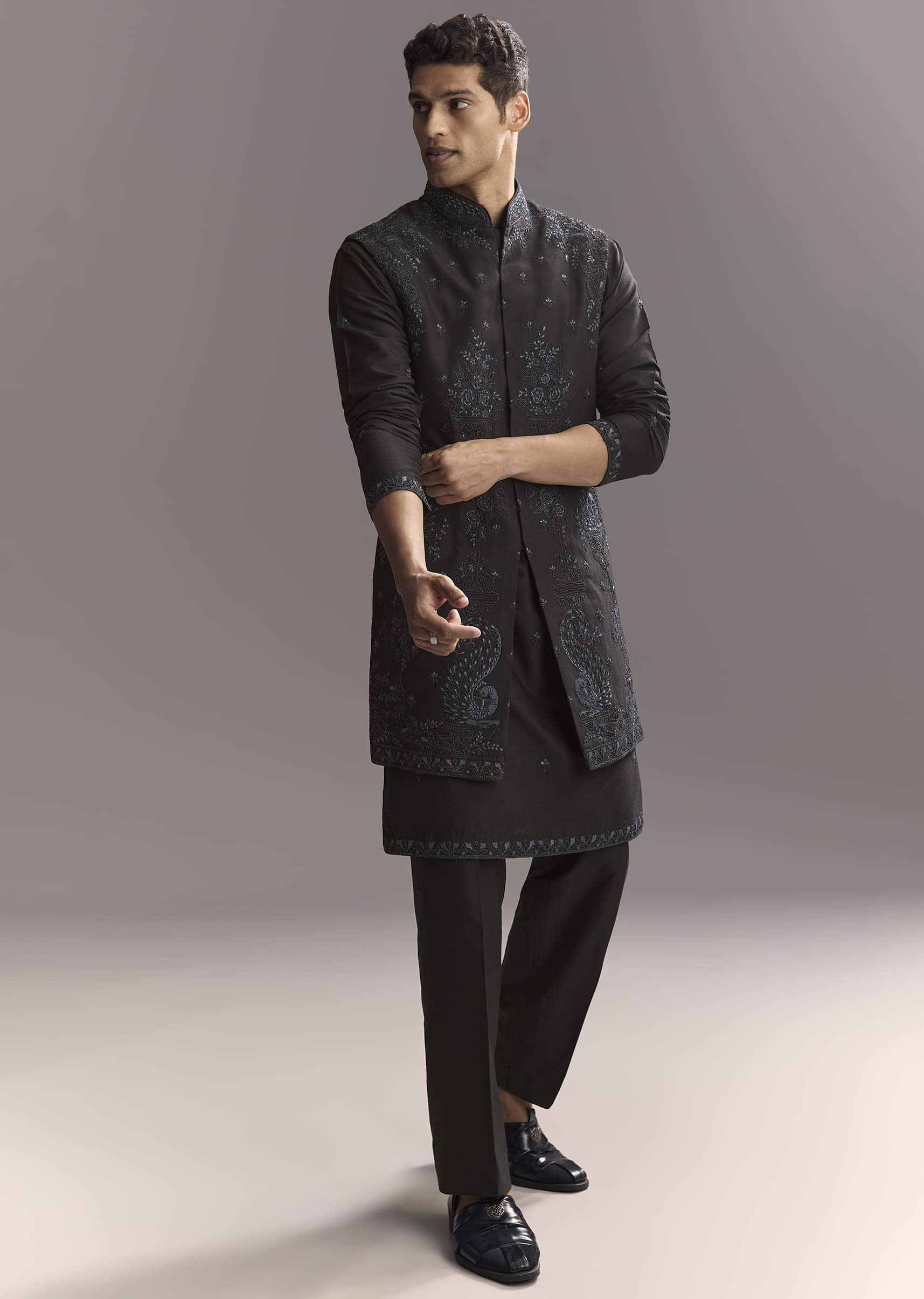 Blue Silk Kurta Jacket Set For Men With Resham Work - Image 3