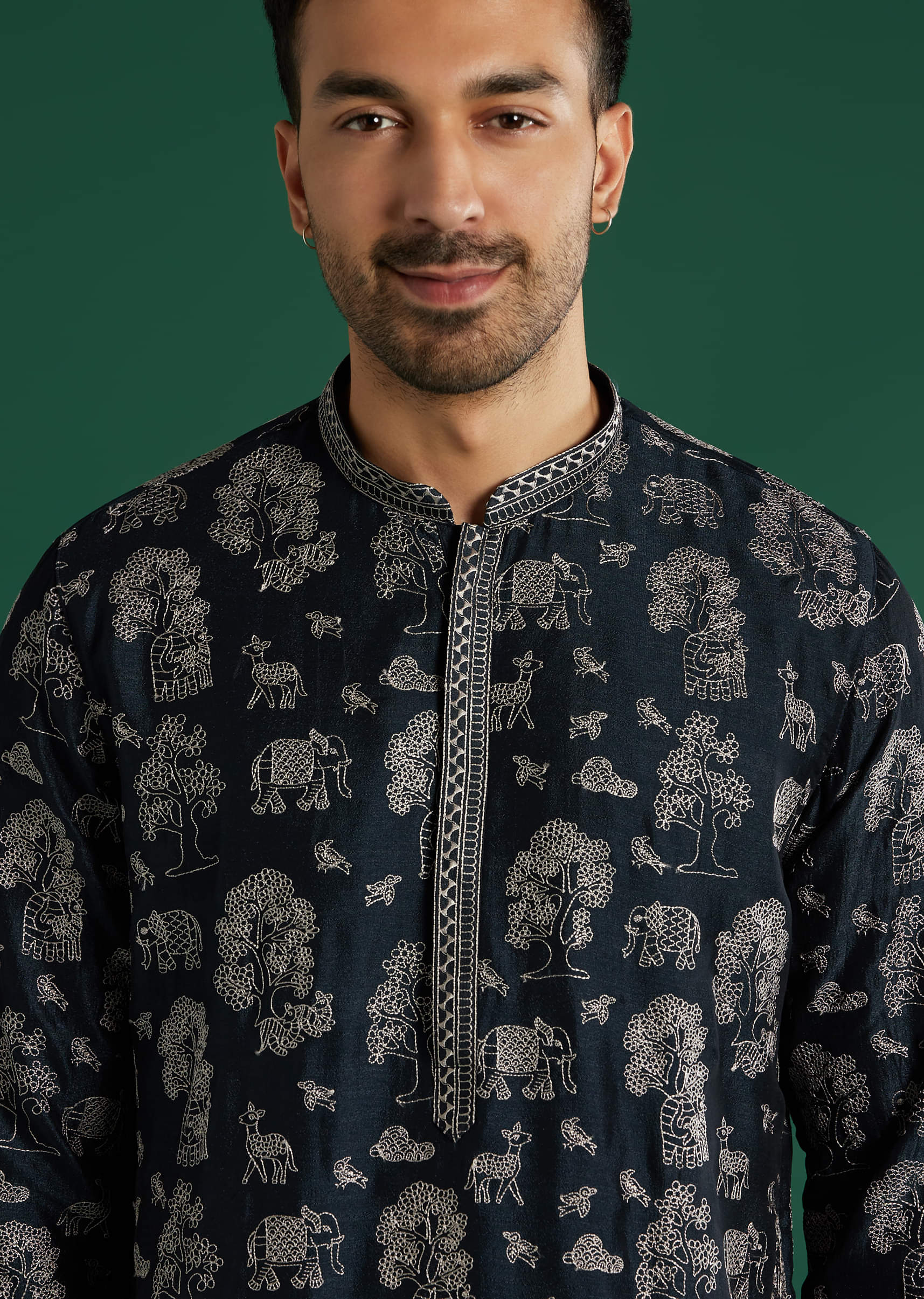 Blue Silk Kurta Set For Men With Animal Motif Thread Work - Image 2