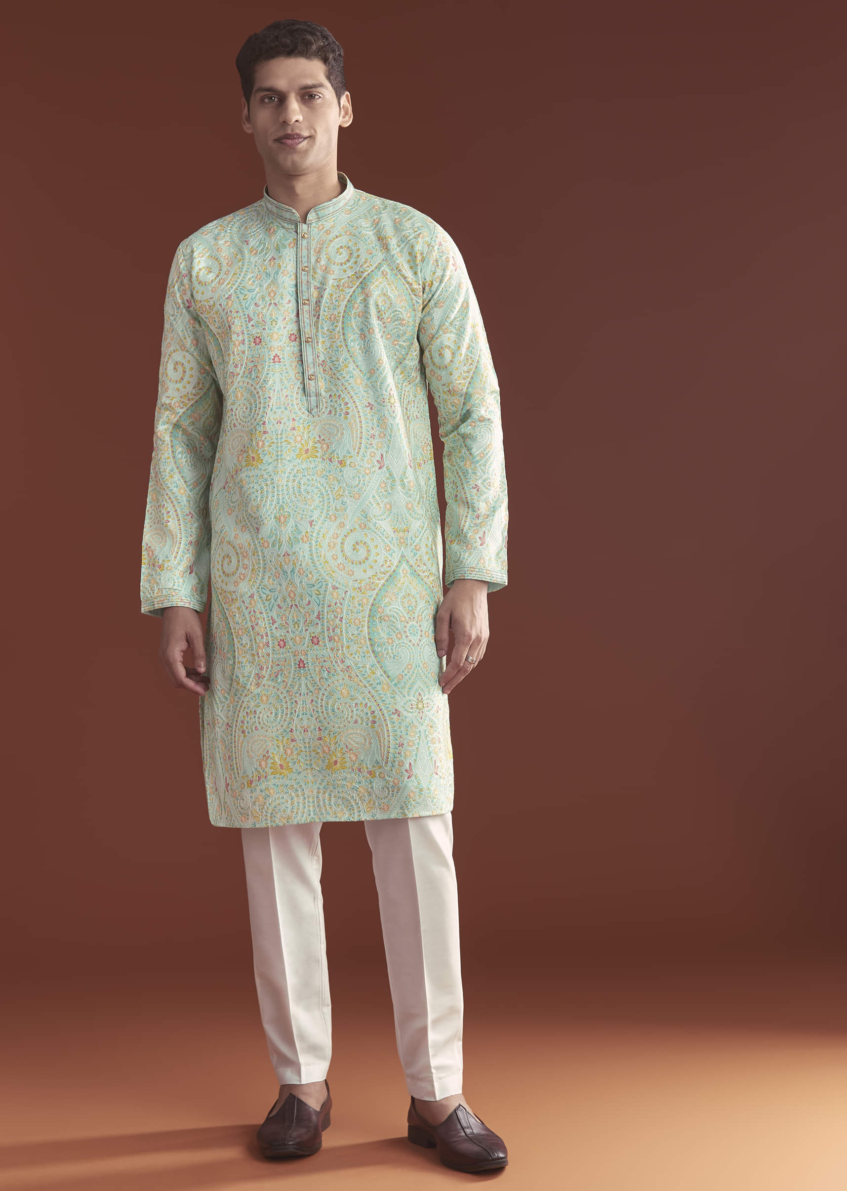 Blue Silk Kurta Set For Men With Ethnic Thread Work - Image 3