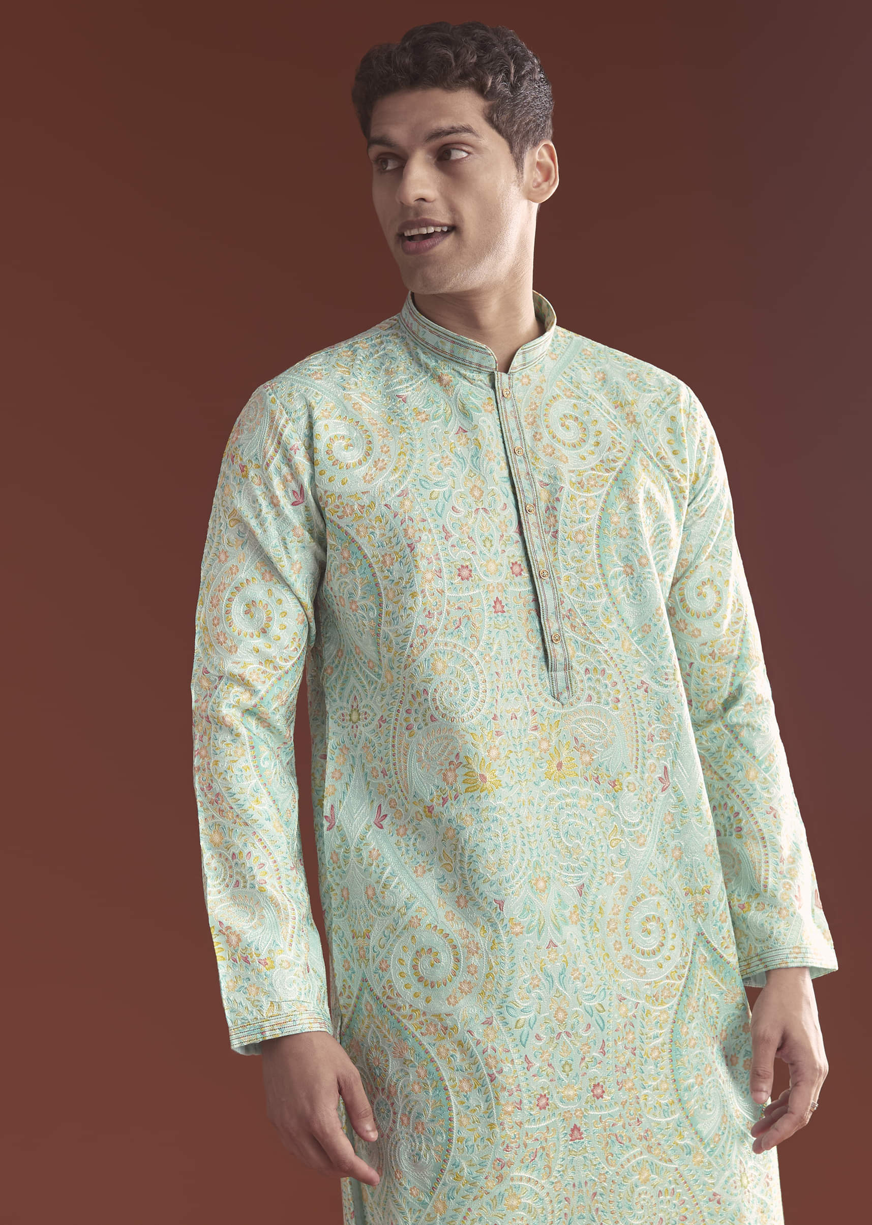 Blue Silk Kurta Set For Men With Ethnic Thread Work - Image 4