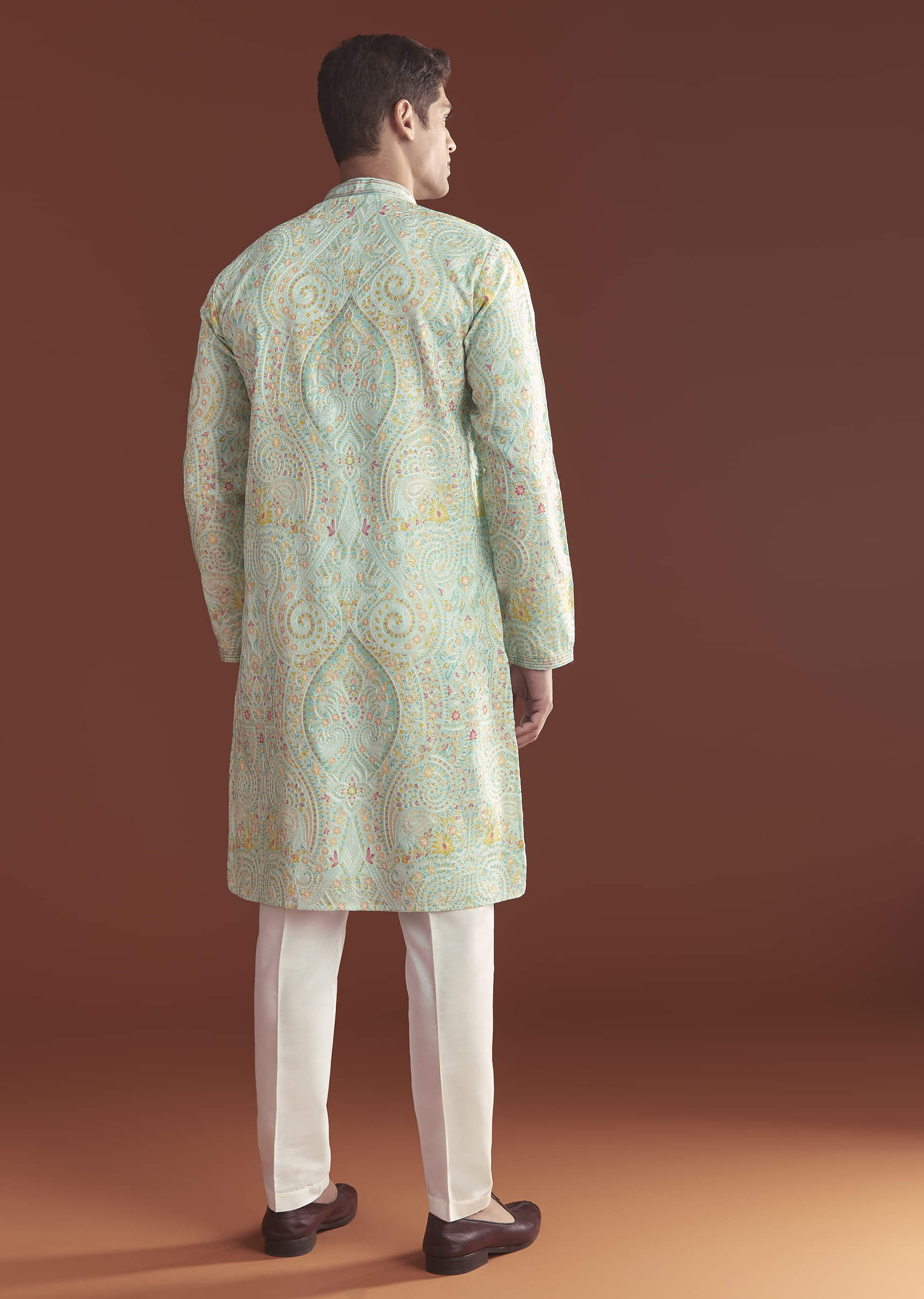 Blue Silk Kurta Set For Men With Ethnic Thread Work - Image 5
