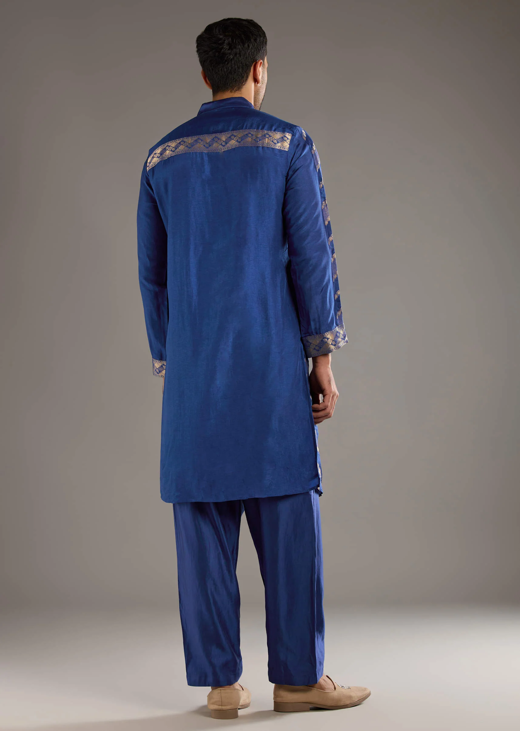 Blue Silk Kurta Set For Men With Handwoven Jacquard Work - Image 5