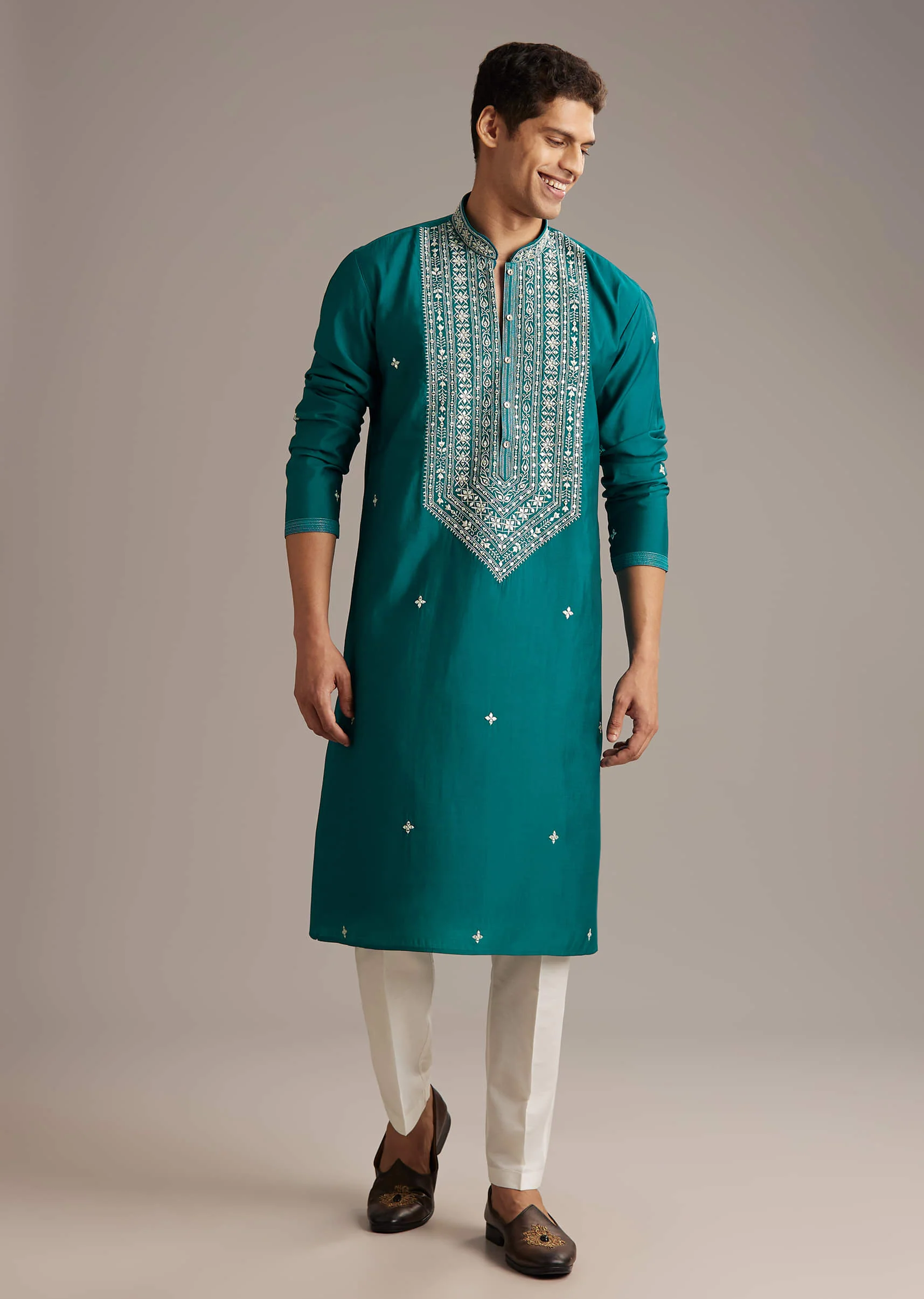 Blue Silk Kurta Set For Men With Mirror And Thread Work - Image 2