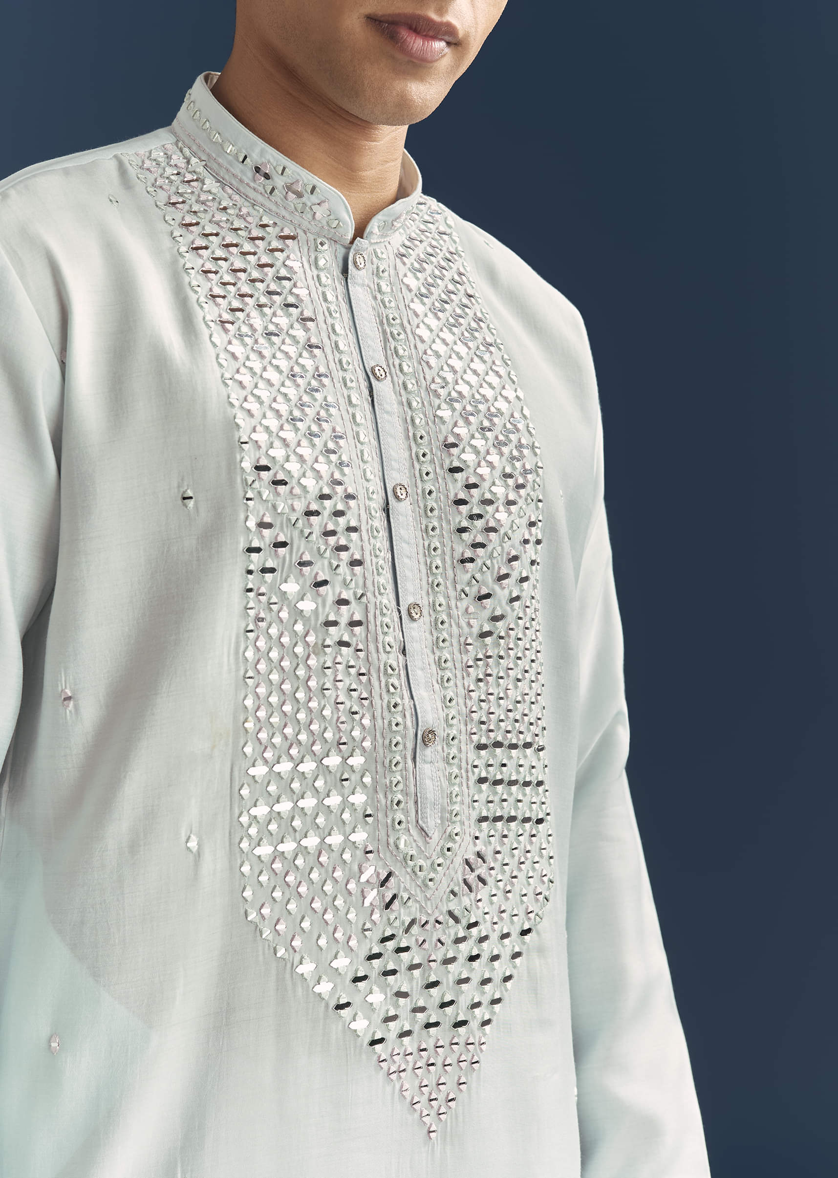 Blue Silk Kurta Set For Men With Mirror Embroidery - Image 2