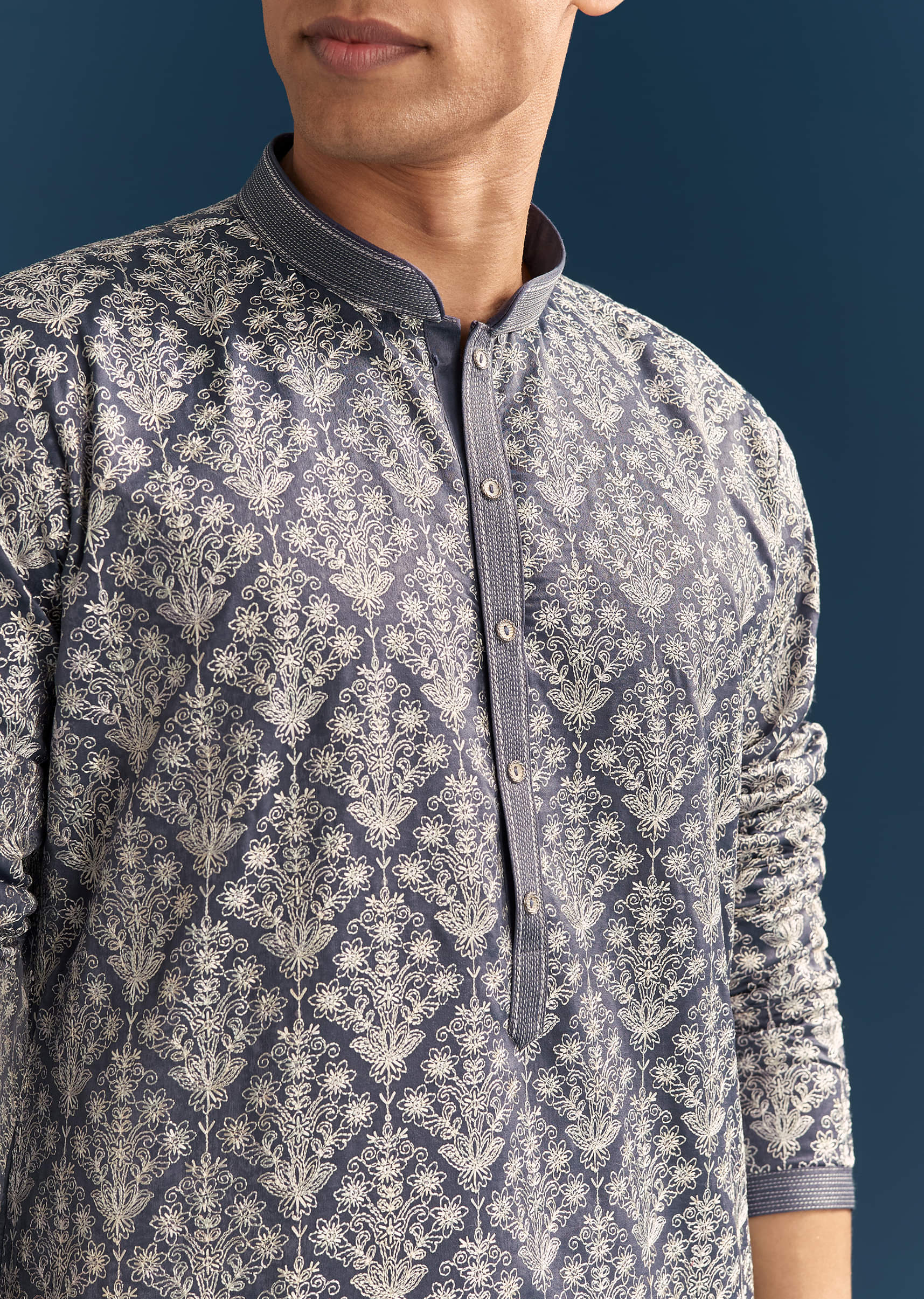 Blue Silk Kurta Set For Men With Thread Embroidery