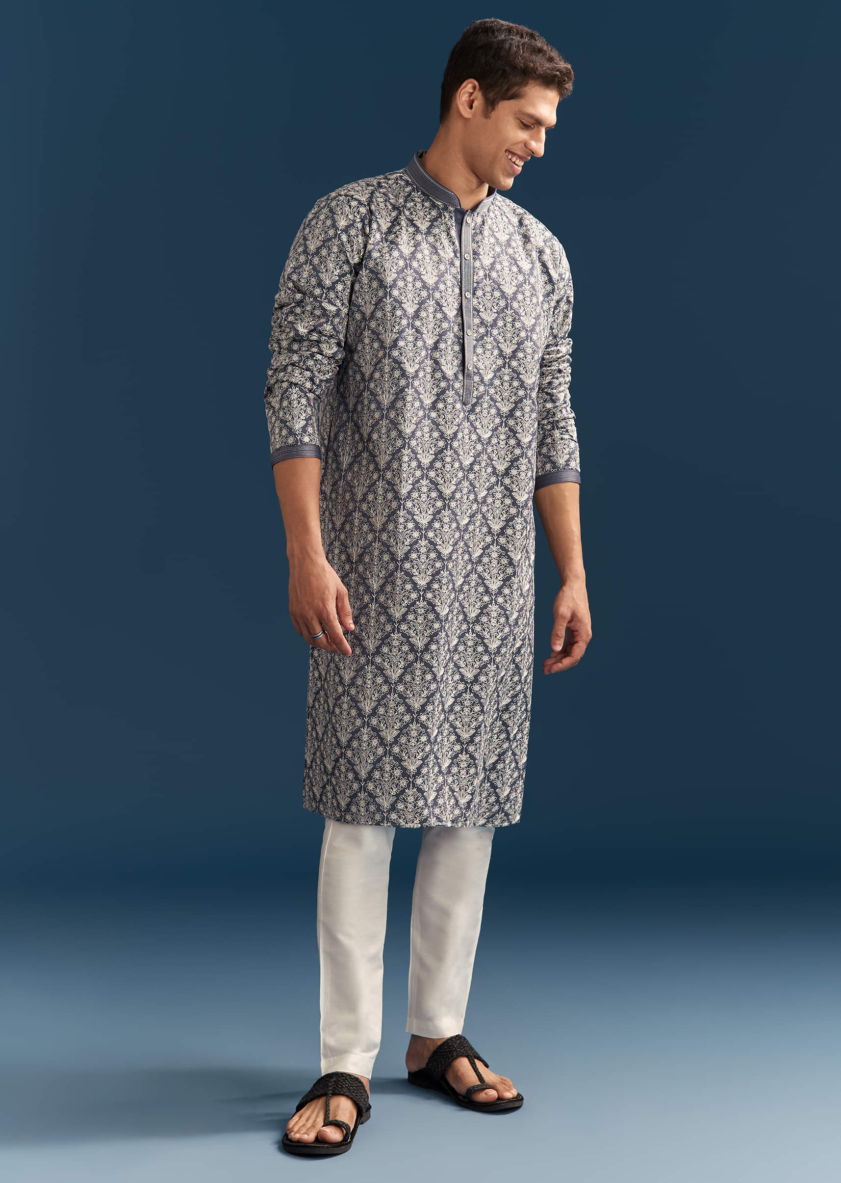 Blue Silk Kurta Set For Men With Thread Embroidery - Image 4