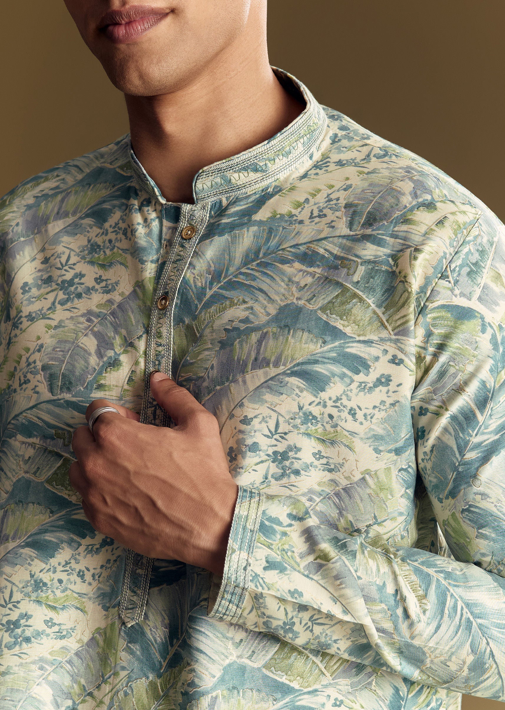 Blue Silk Kurta Set With Floral And Foil Print - Image 2