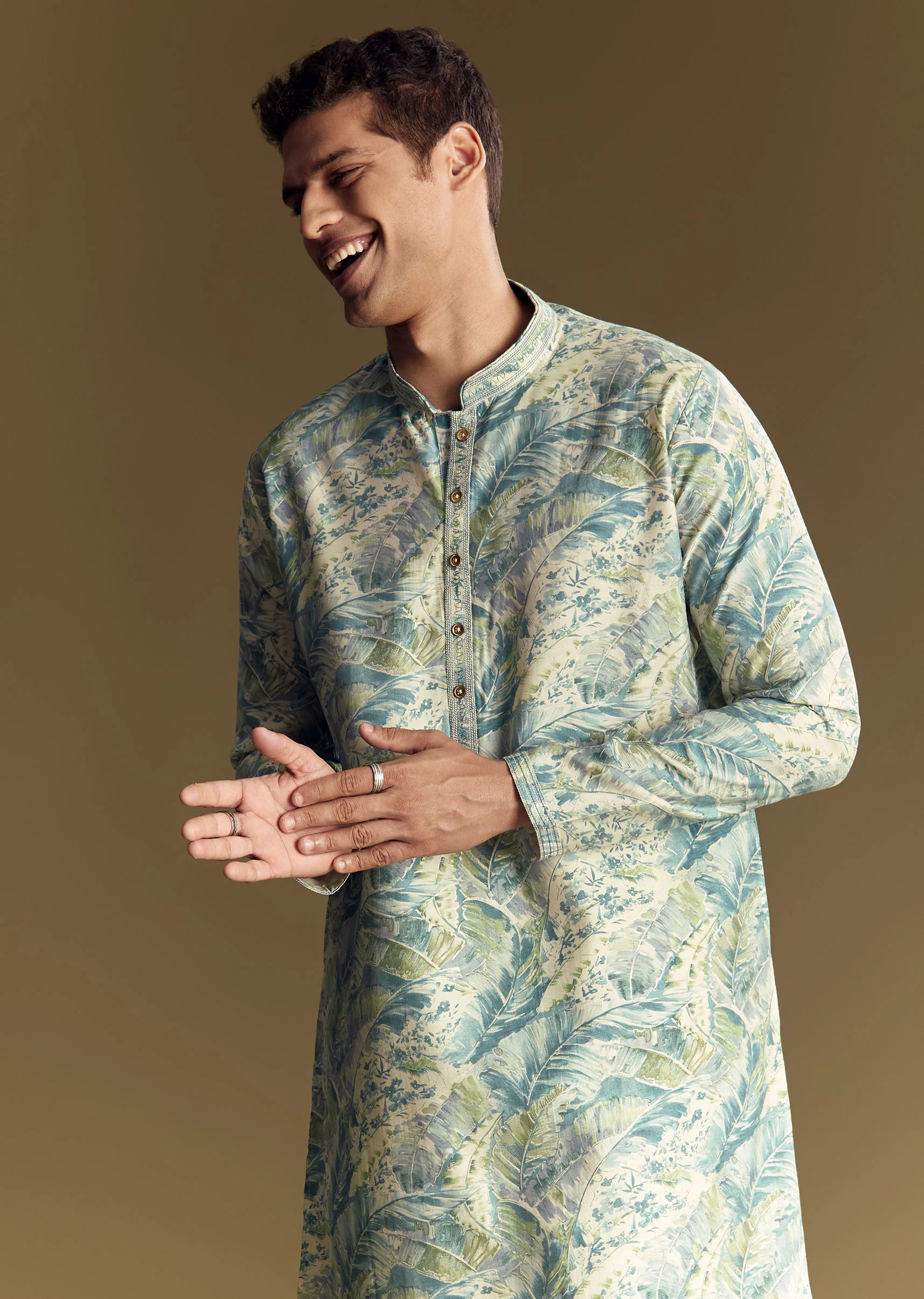 Blue Silk Kurta Set With Floral And Foil Print - Image 4