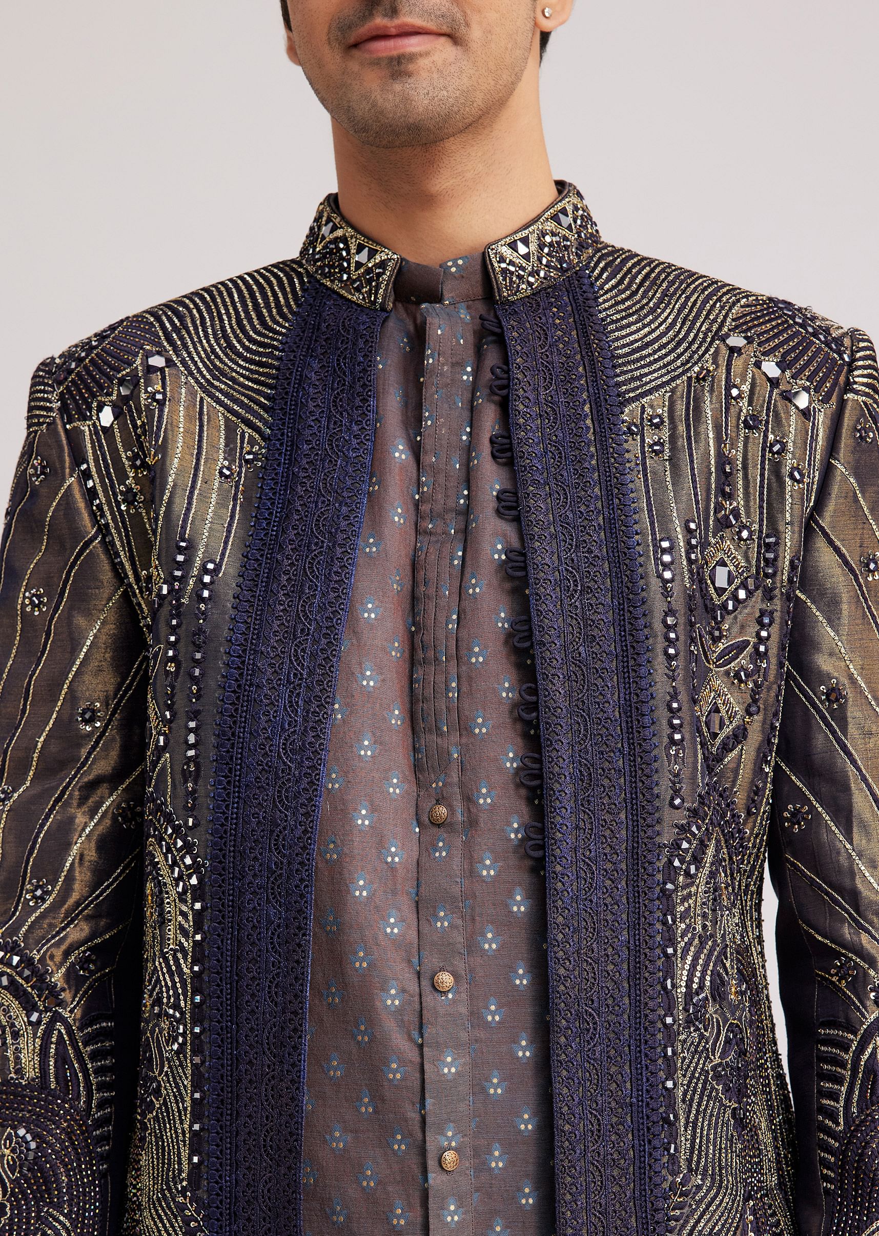 Blue Silk Open Sherwani Set With Zardosi And Mirror Work - Image 3