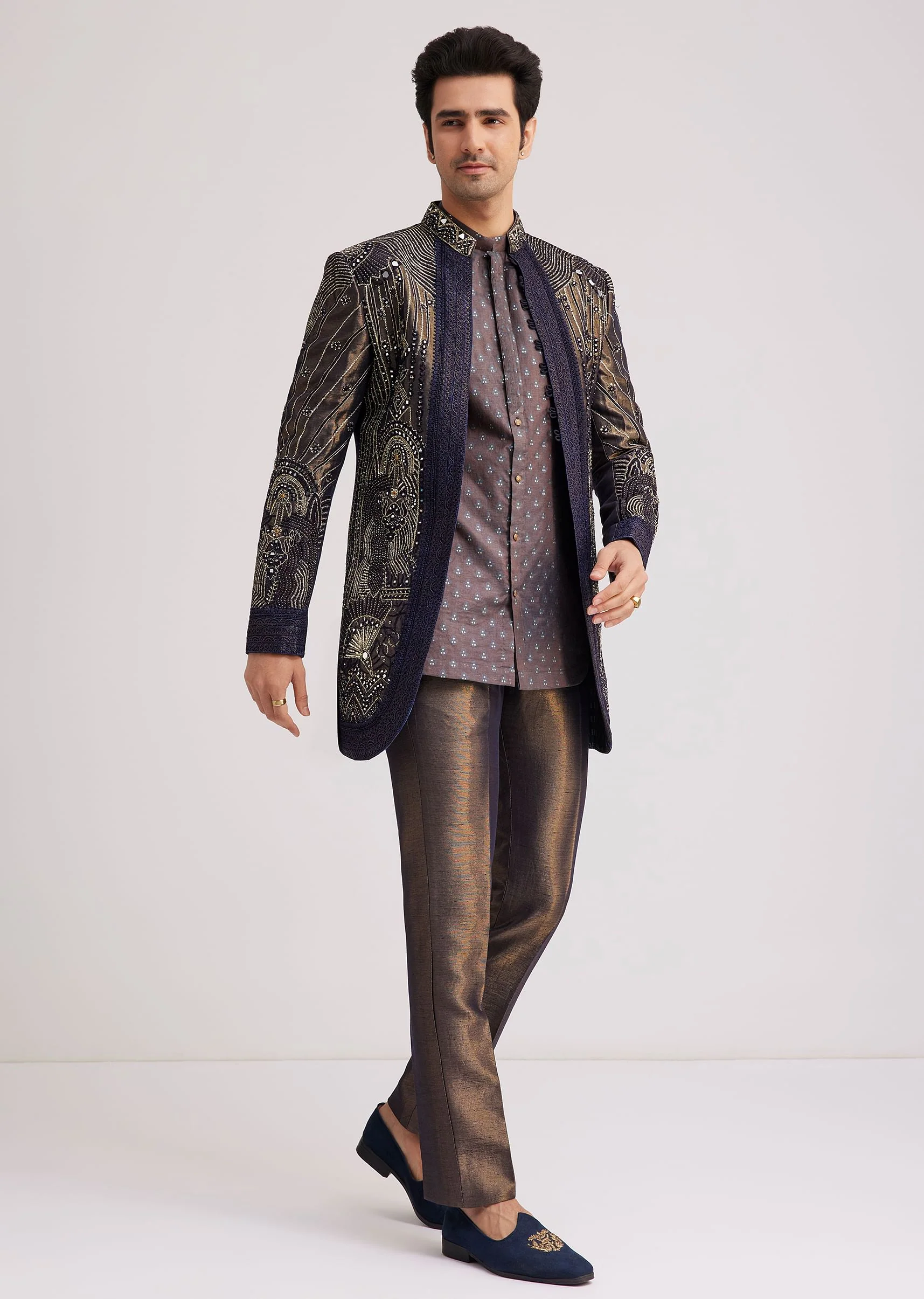 Blue Silk Open Sherwani Set With Zardosi And Mirror Work - Image 4