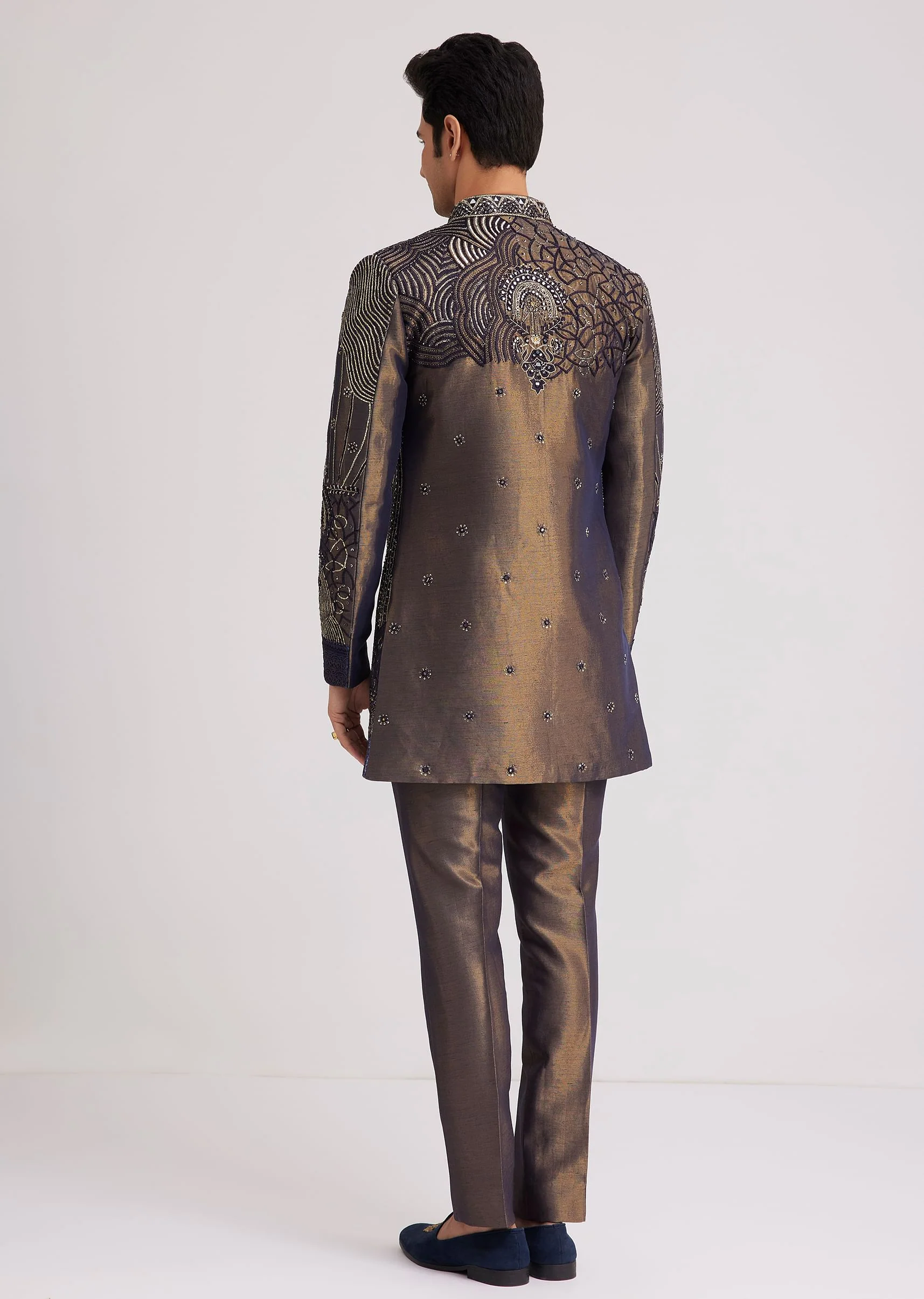 Blue Silk Open Sherwani Set With Zardosi And Mirror Work - Image 5