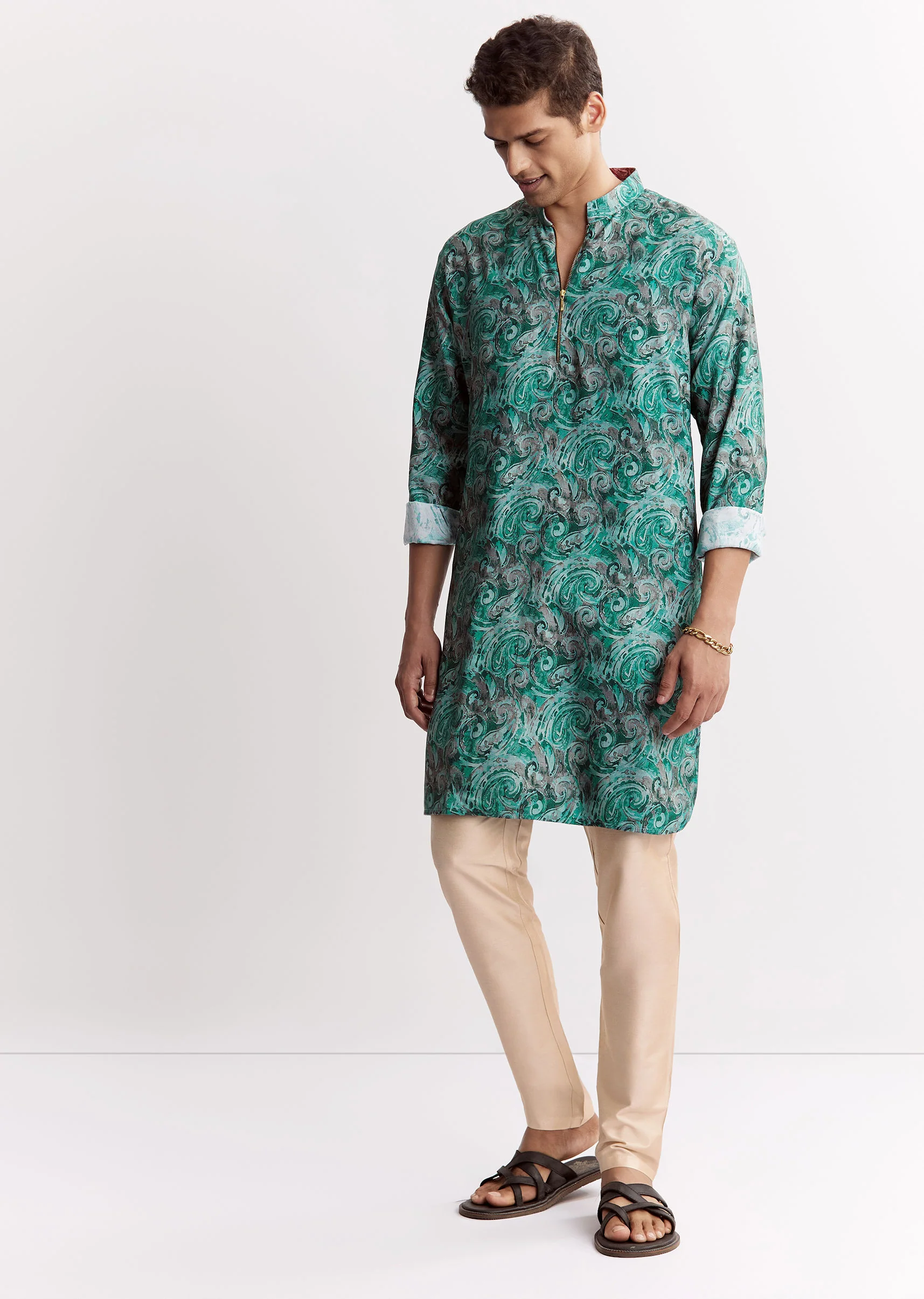 Blue Silk Printed Kurta Set With Zipper - Image 4