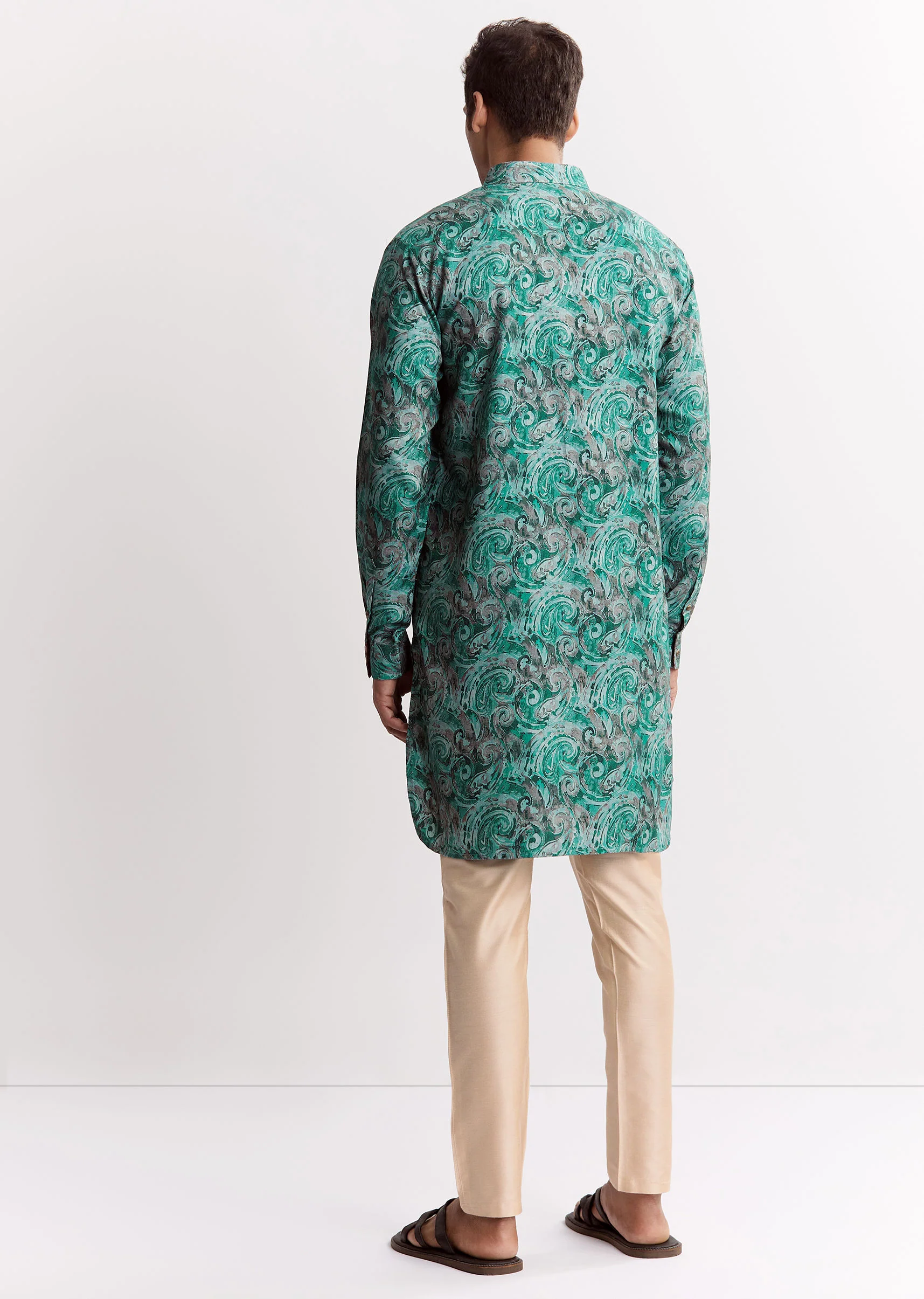 Blue Silk Printed Kurta Set With Zipper - Image 5
