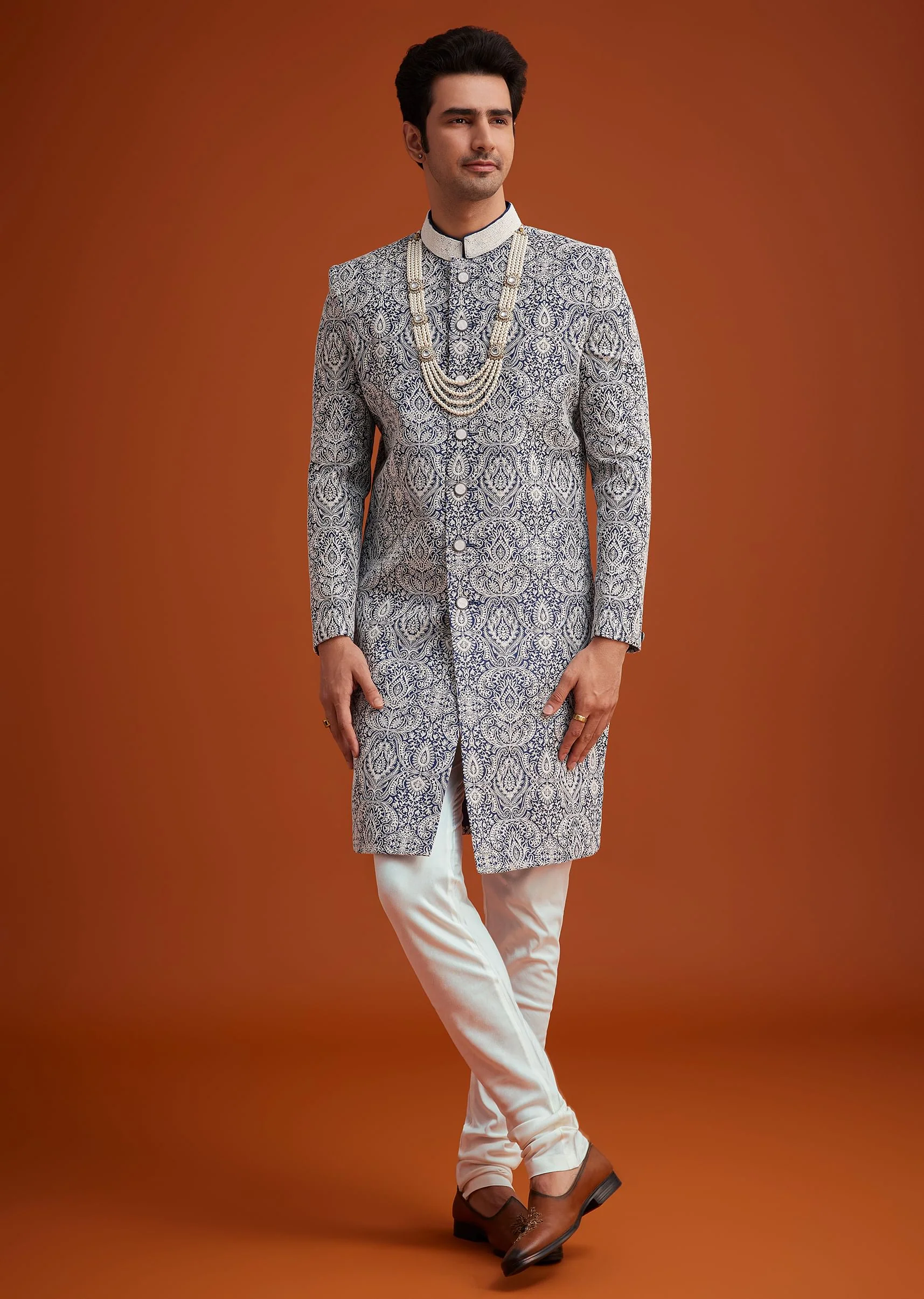 Blue Silk Sherwani Set With Beads Work On Collar - Image 3