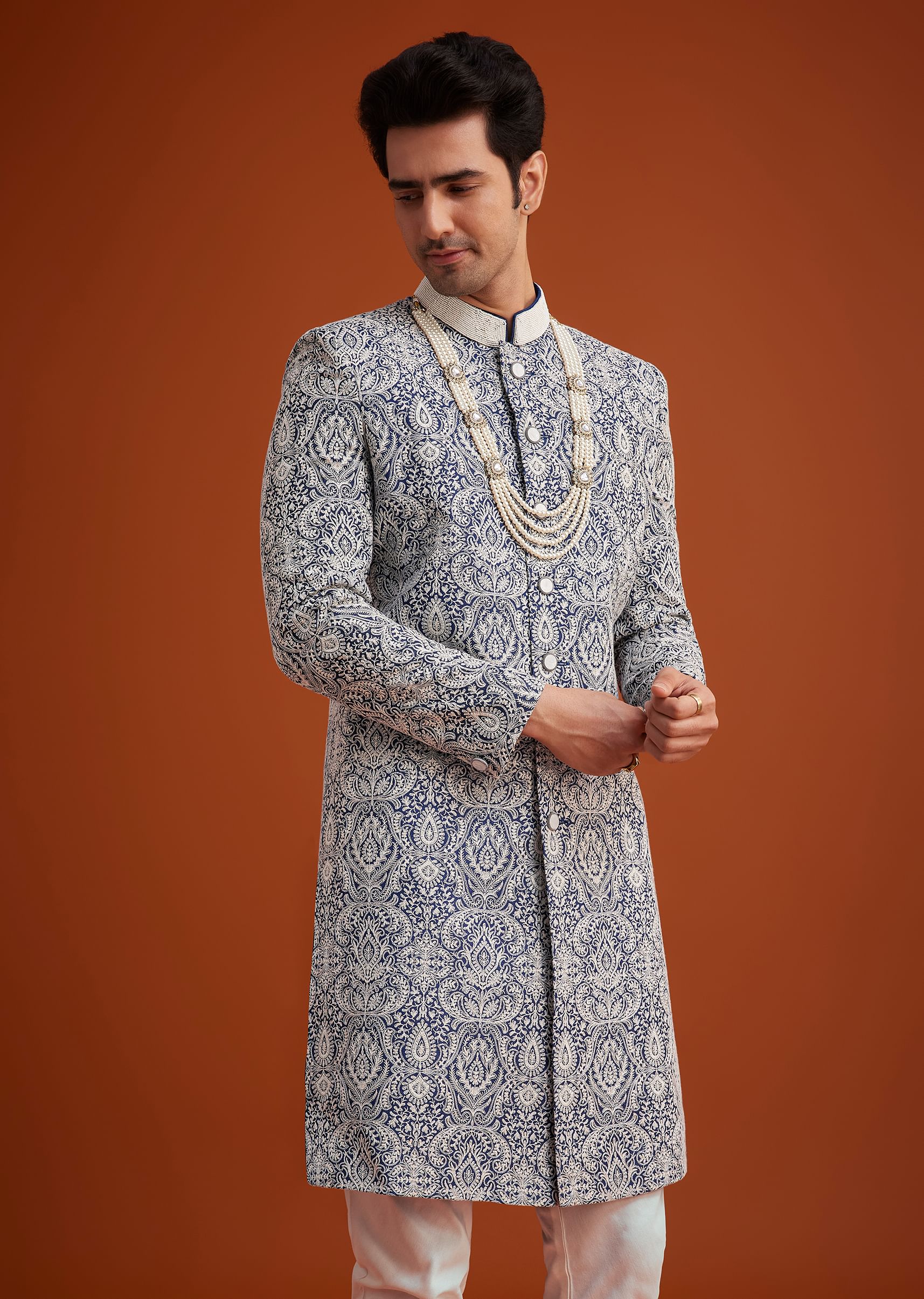 Blue Silk Sherwani Set With Beads Work On Collar - Image 4