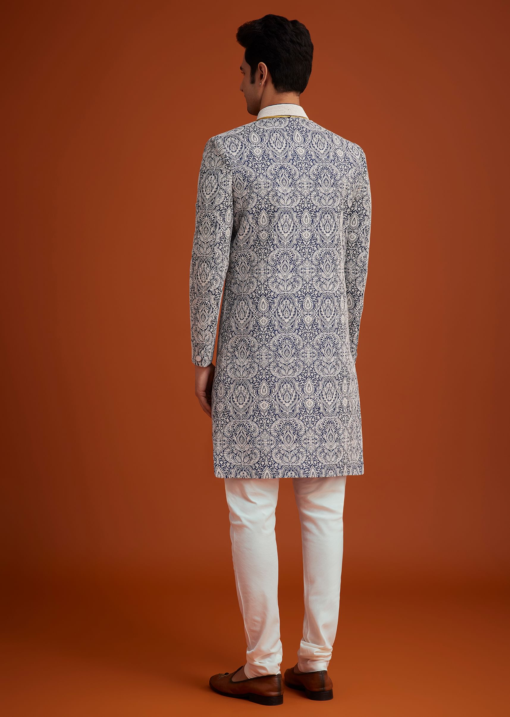 Blue Silk Sherwani Set With Beads Work On Collar - Image 5