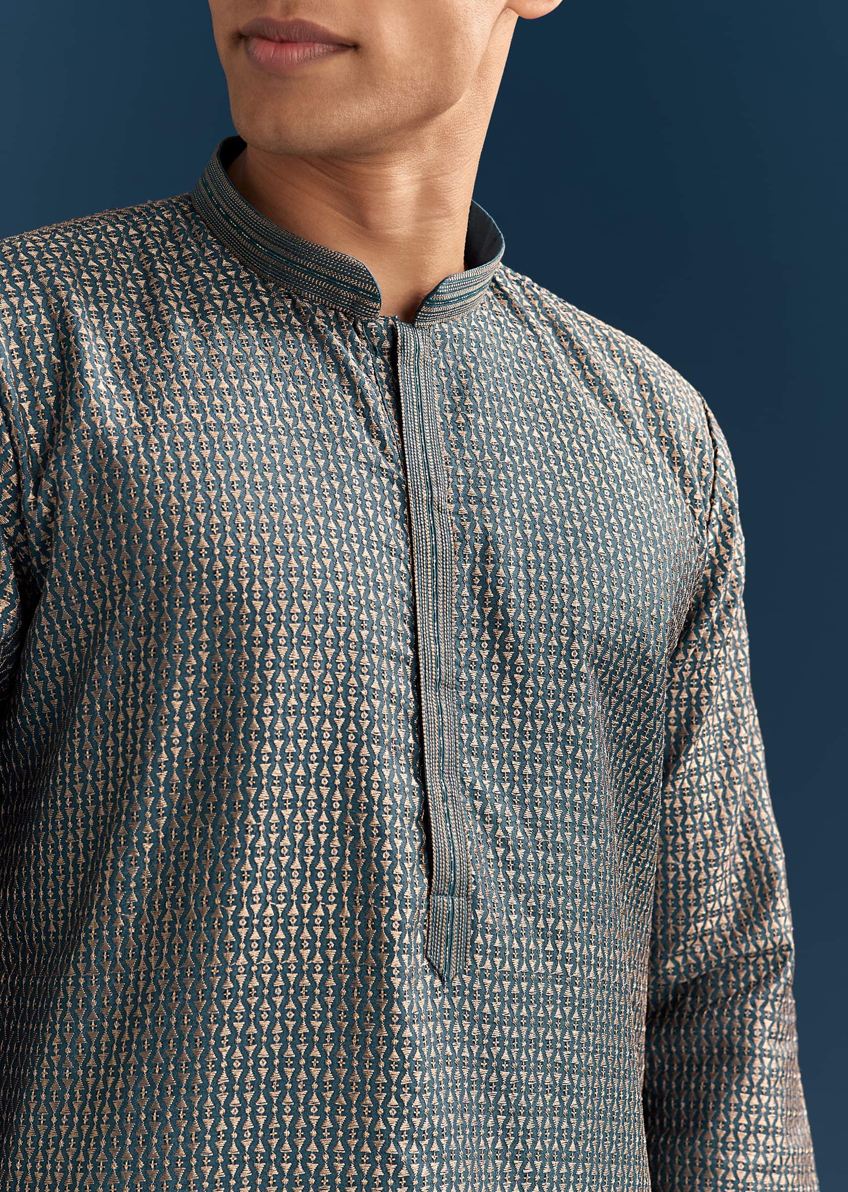 Blue Silk Textured Kurta Set For Men With Embroidery - Image 2