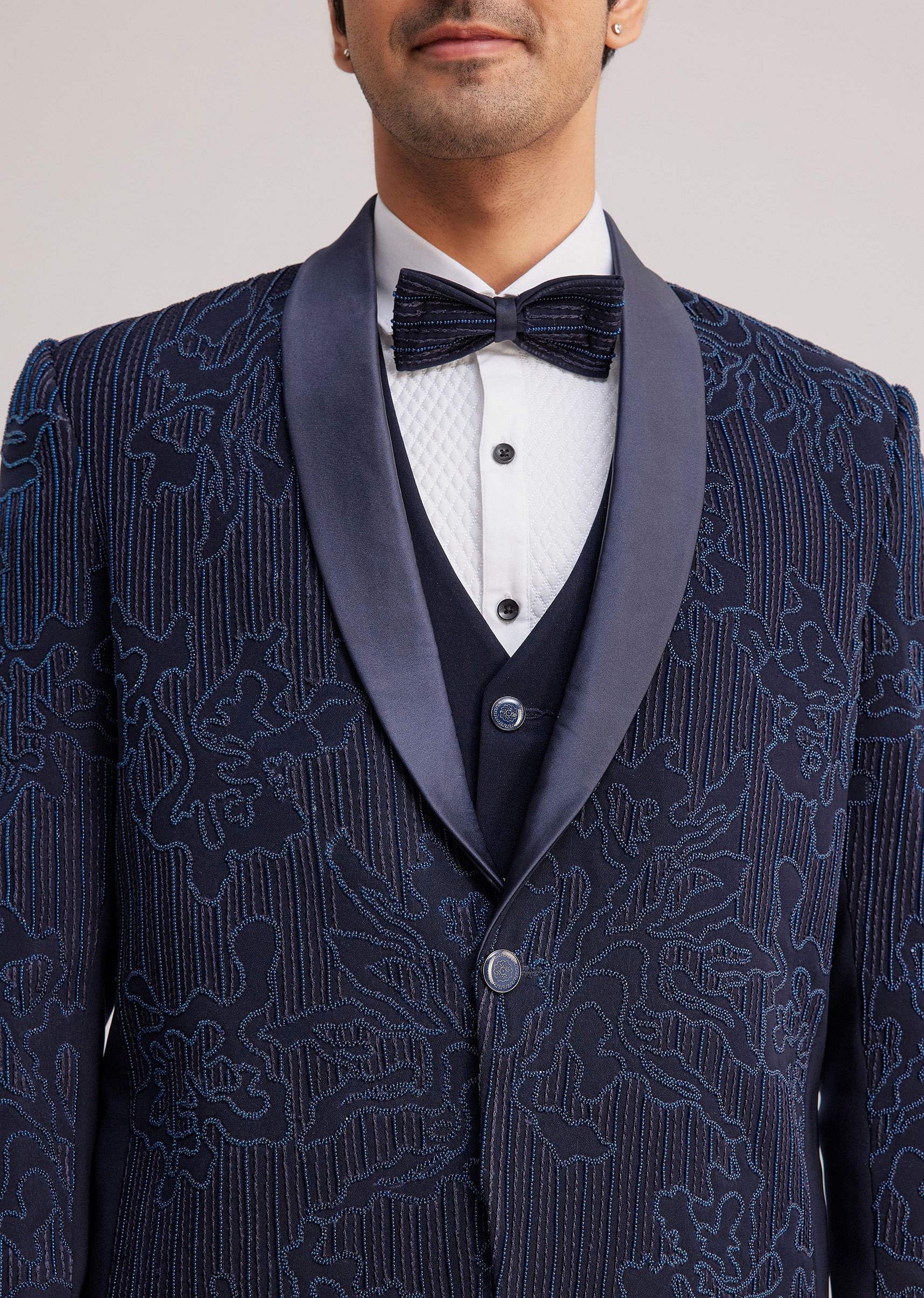Blue Silk Tuxedo With Resham Work - Image 3
