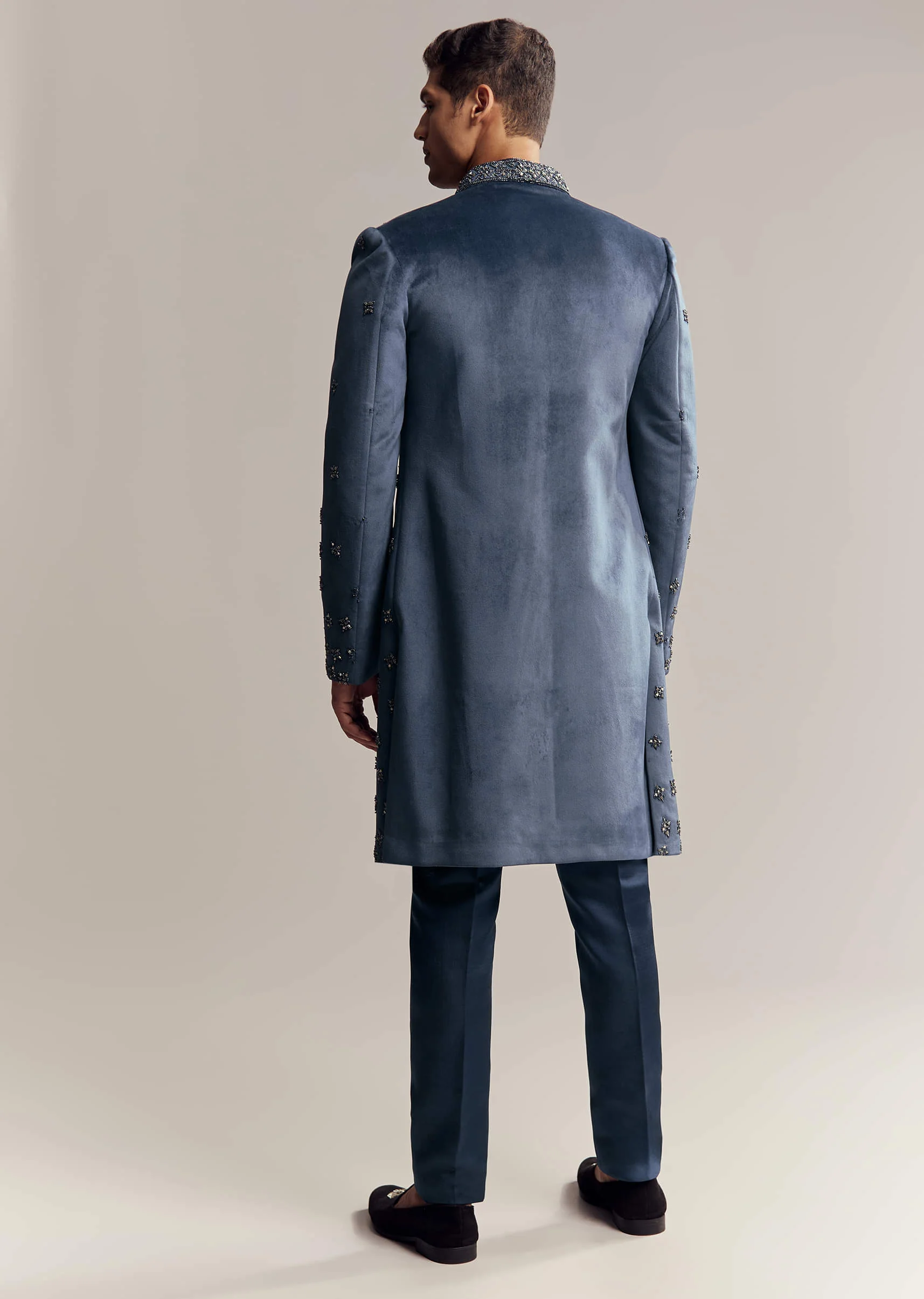 Blue Suede Indo Western For Men With Aari Embroidery - Image 5