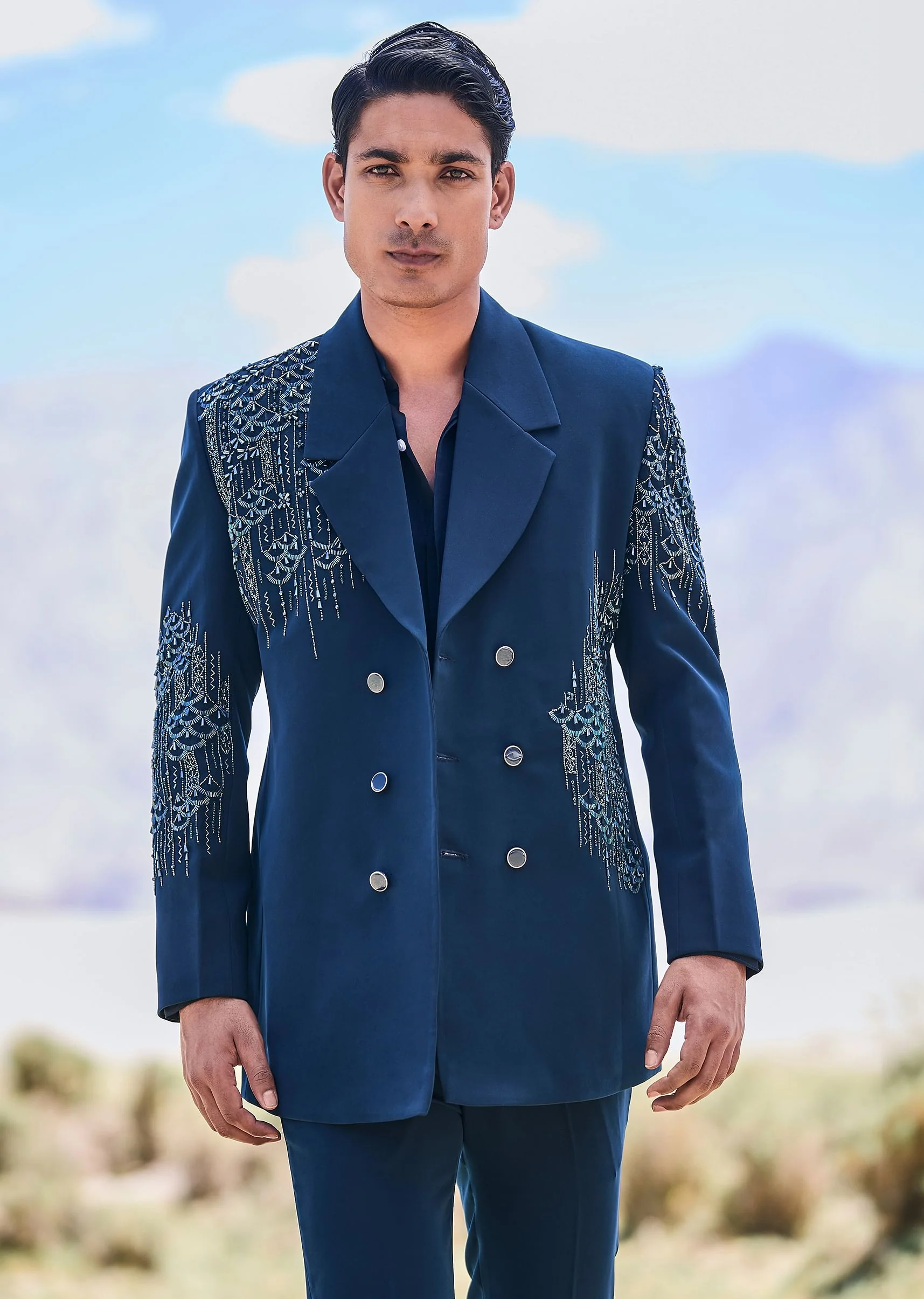 Blue Teal Embroidered Blazer Set - Image 4