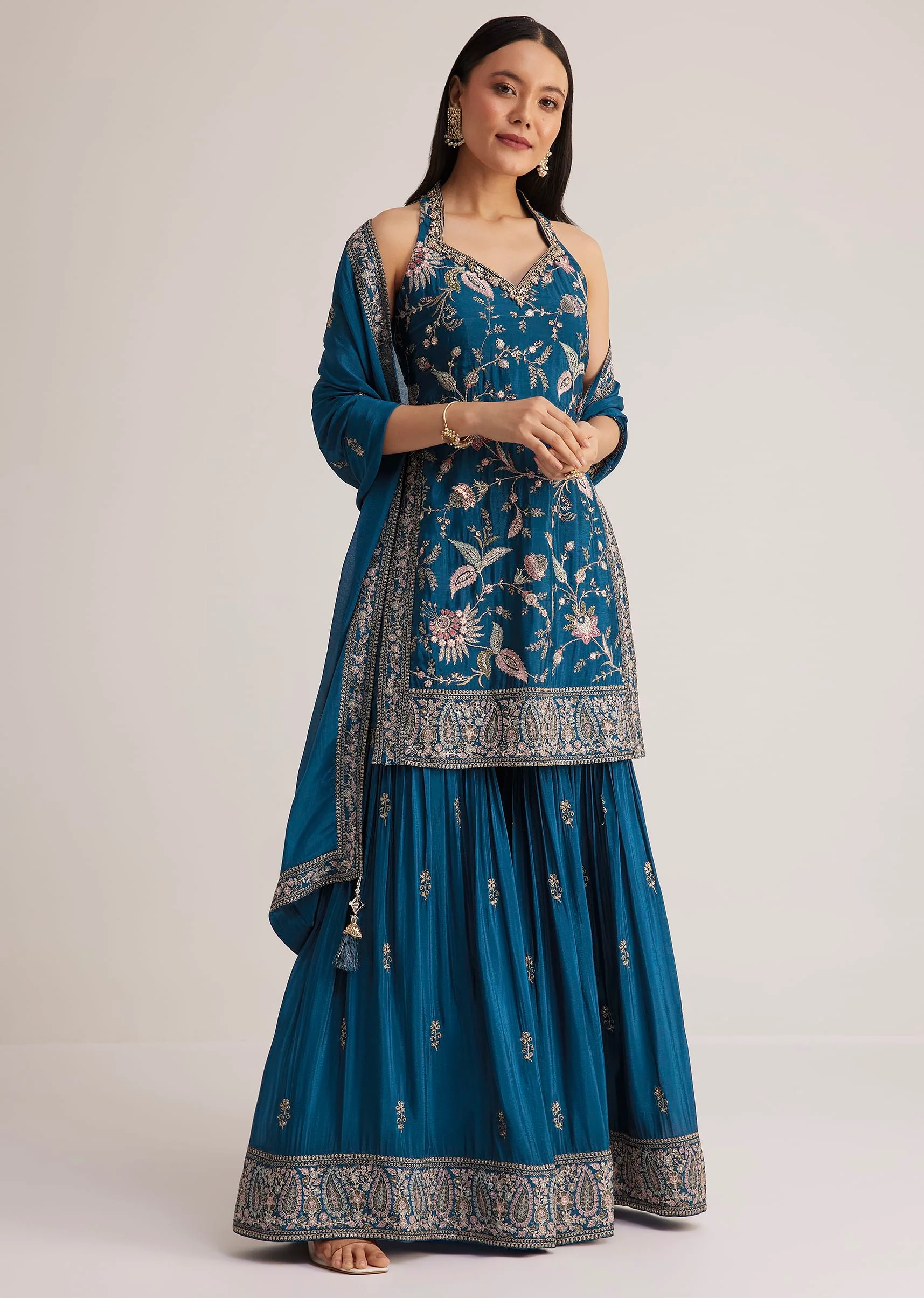 Blue Thread Work Sharara Suit With Dupatta - Image 3