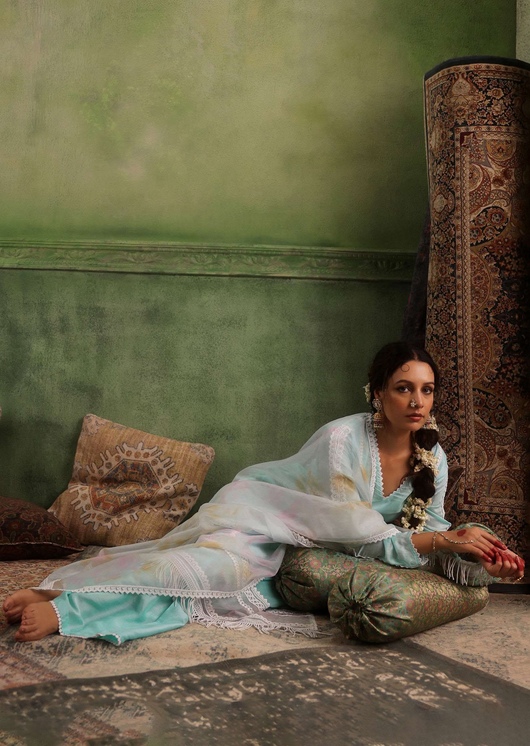 Powder Blue Palazzo Suit Set In Viscose Silk - Image 6
