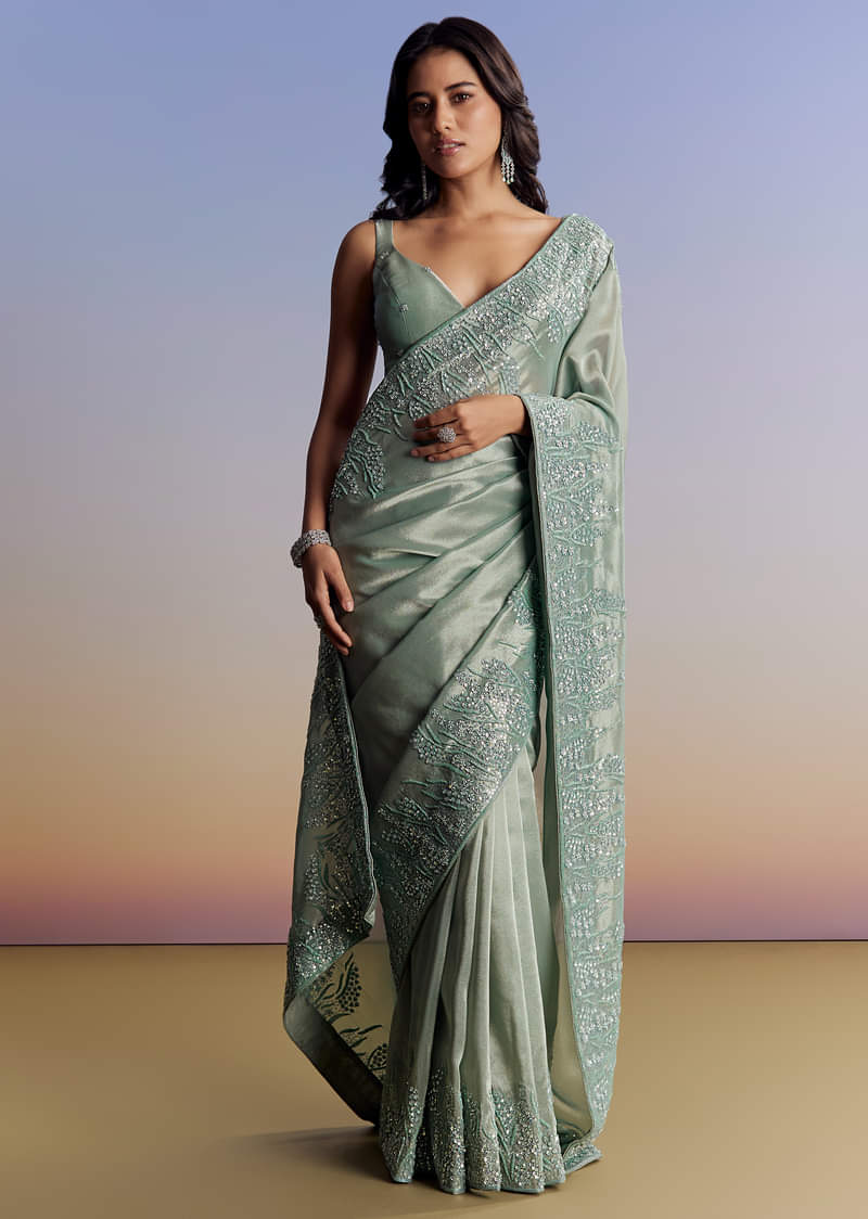 Blue Tissue Saree With Cutdana Sequins And Beads Embroidered Border - Image 3
