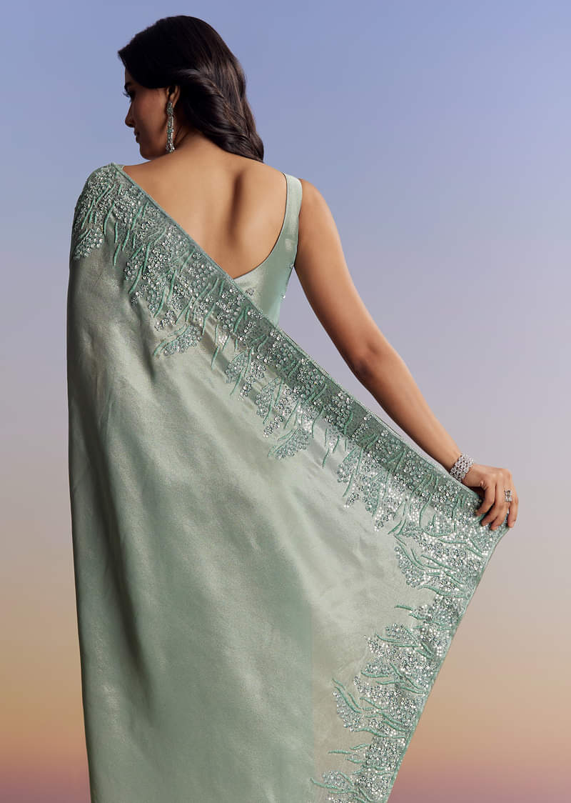 Blue Tissue Saree With Cutdana Sequins And Beads Embroidered Border - Image 4