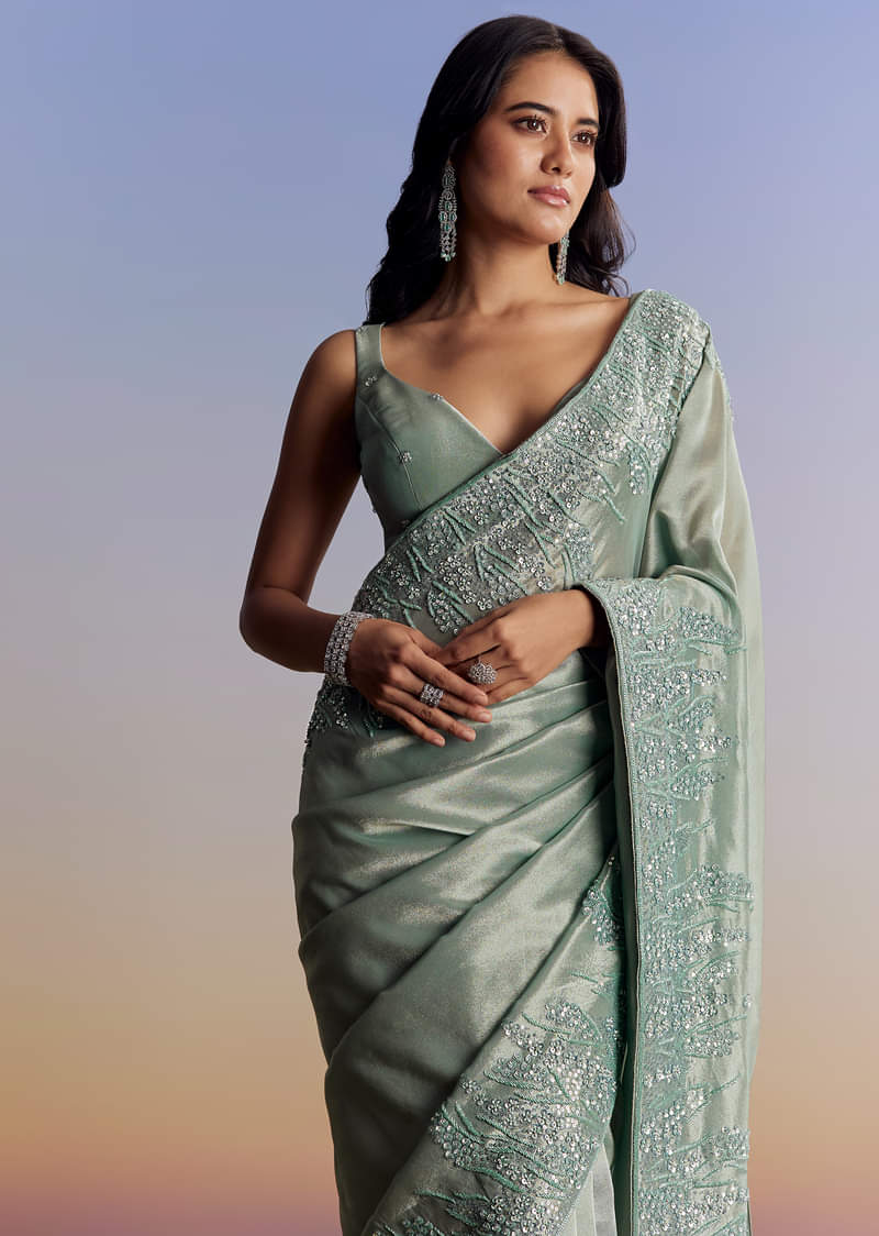 Blue Tissue Saree With Cutdana Sequins And Beads Embroidered Border - Image 5
