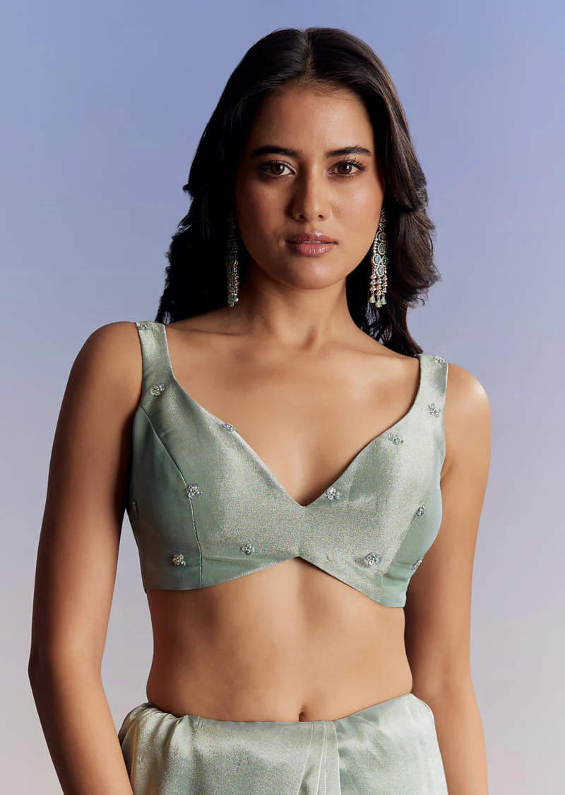 Blue Tissue Saree With Cutdana Sequins And Beads Embroidered Border - Image 7