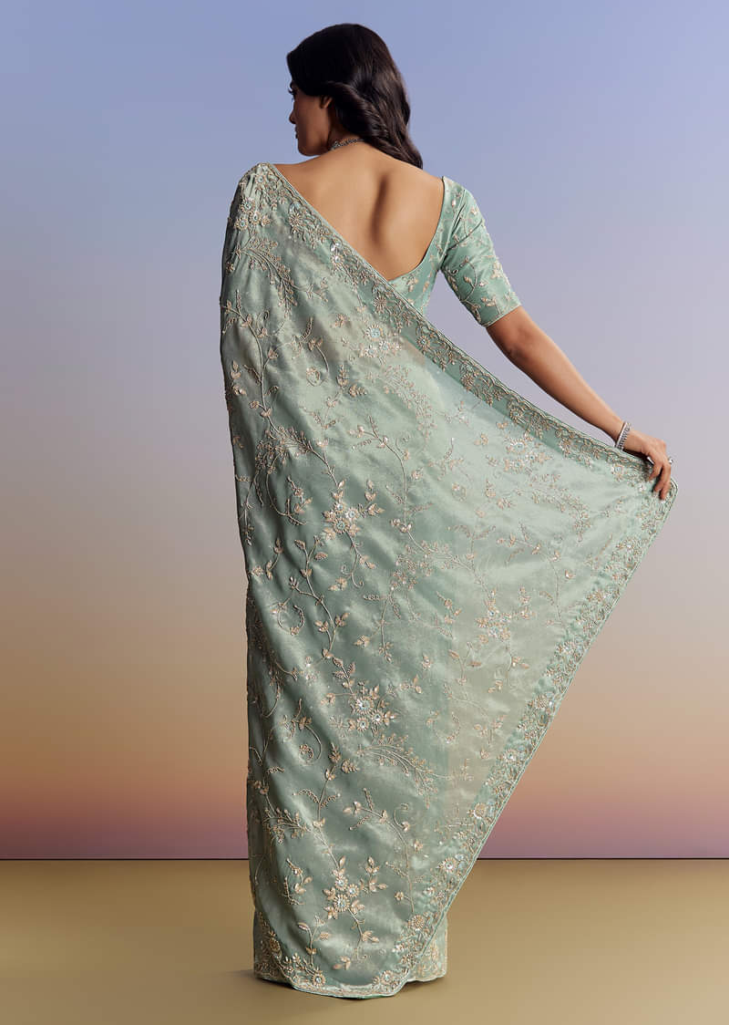 Blue Tissue Saree With Cutdana Sequins And Beads Hand Embroidery - Image 4
