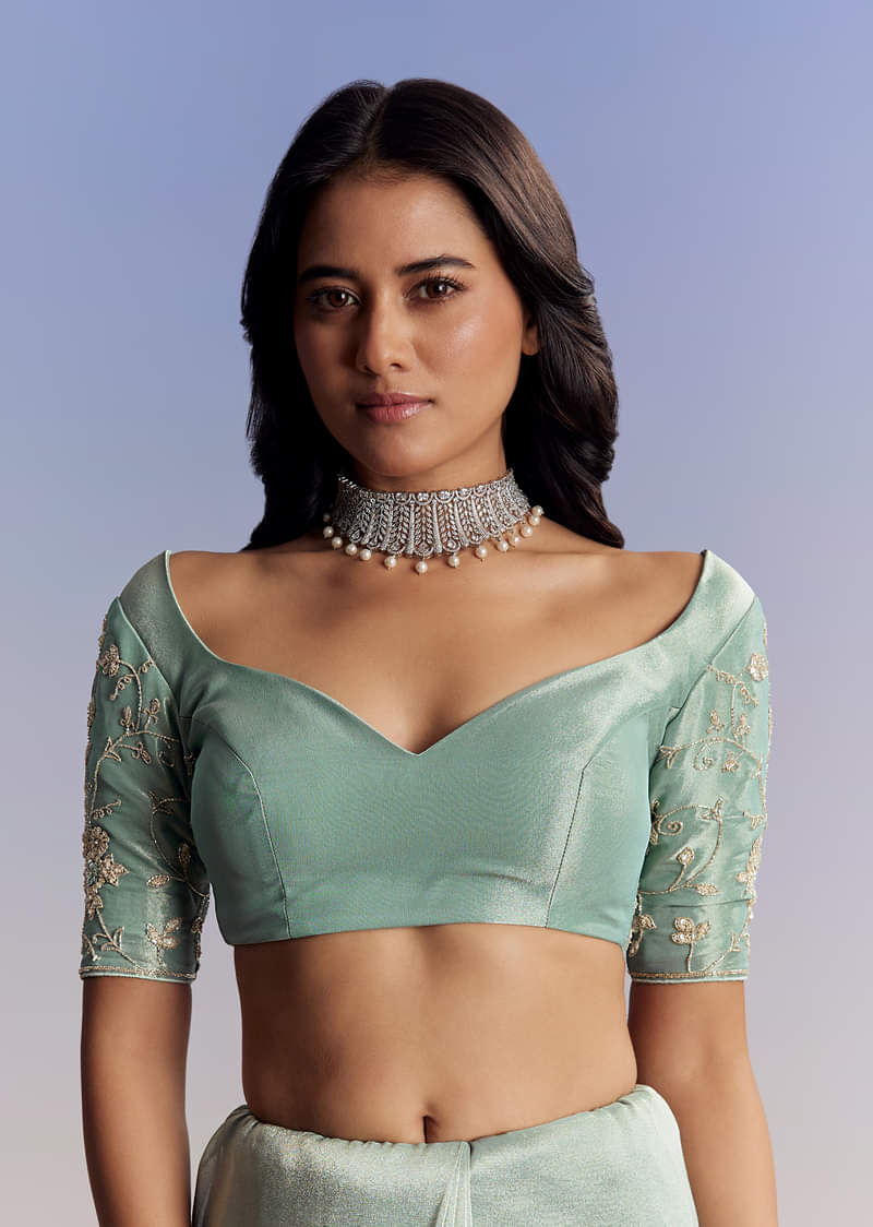 Blue Tissue Saree With Cutdana Sequins And Beads Hand Embroidery - Image 7