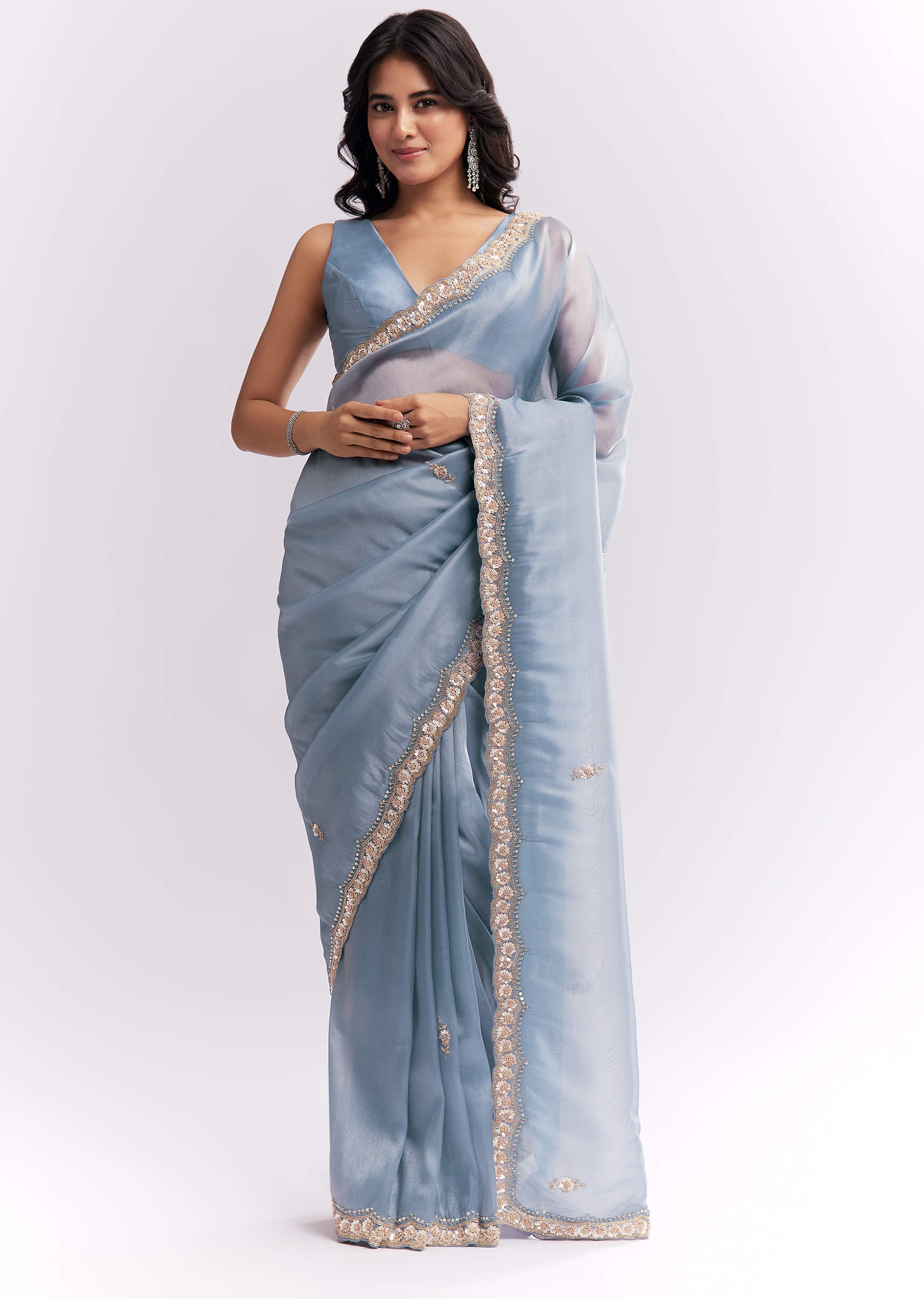Blue Tissue Silk Saree With Heavy Hand Embroidery - Image 2