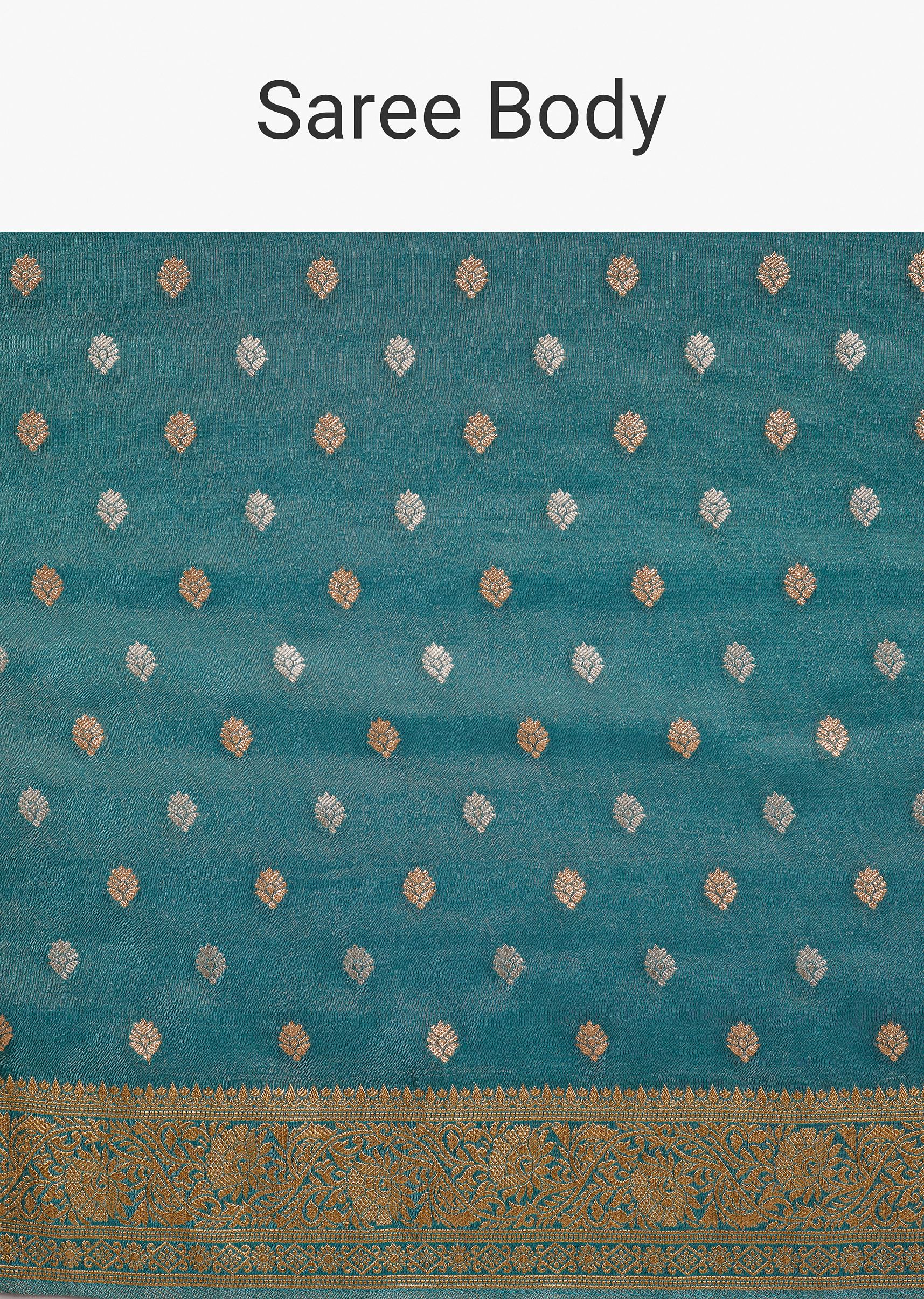 Blue Tissue Silk Saree With Zari Border Butti And Pallu - Image 9