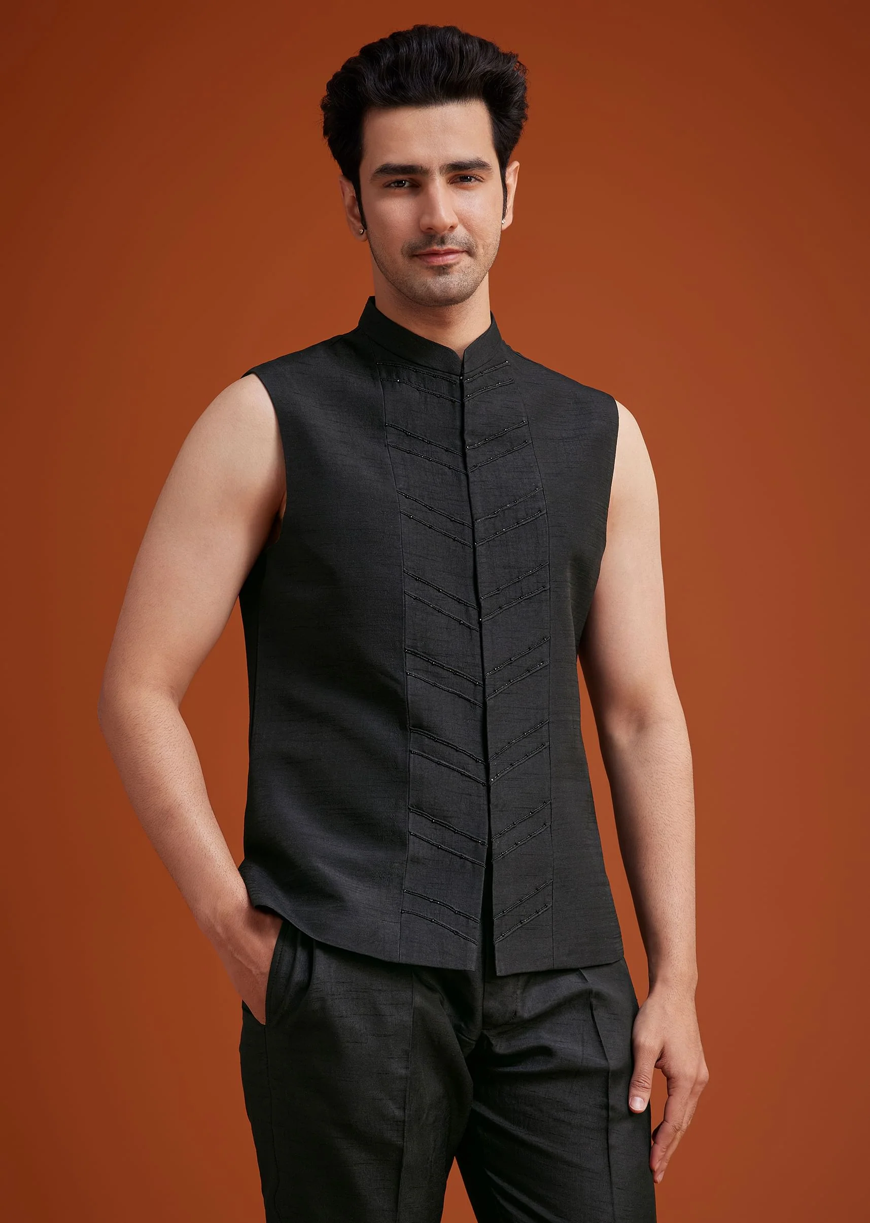 Blue To Black Ombre Indo Jacket Set With Mirror And Sequin Embellishments - Image 6