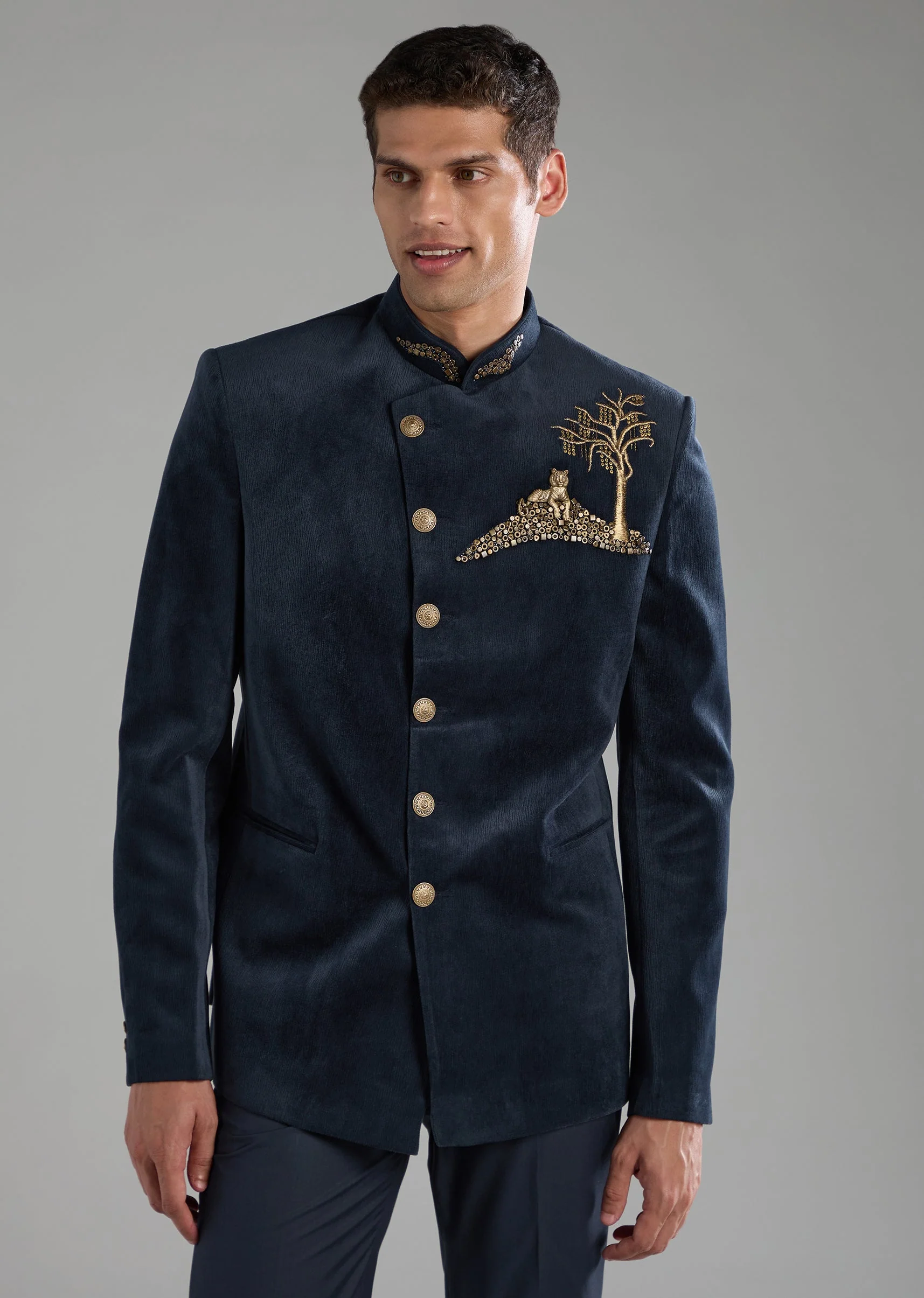Blue Velvet Embellished Jodhpuri and Pant Set