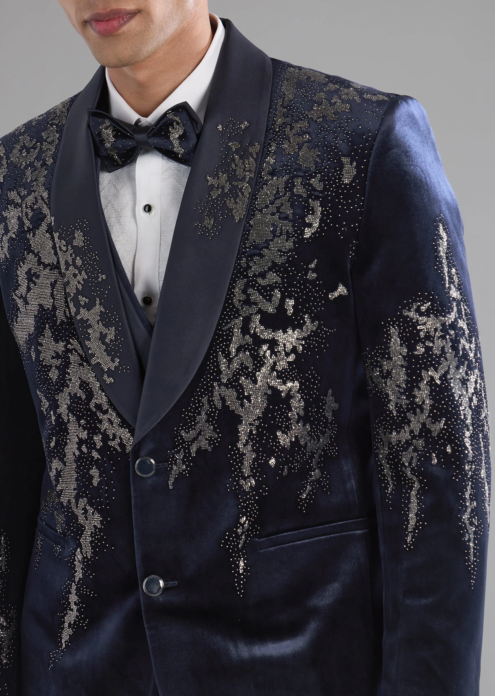 Blue Velvet Embellished Tuxedo and Bow Set - Image 2