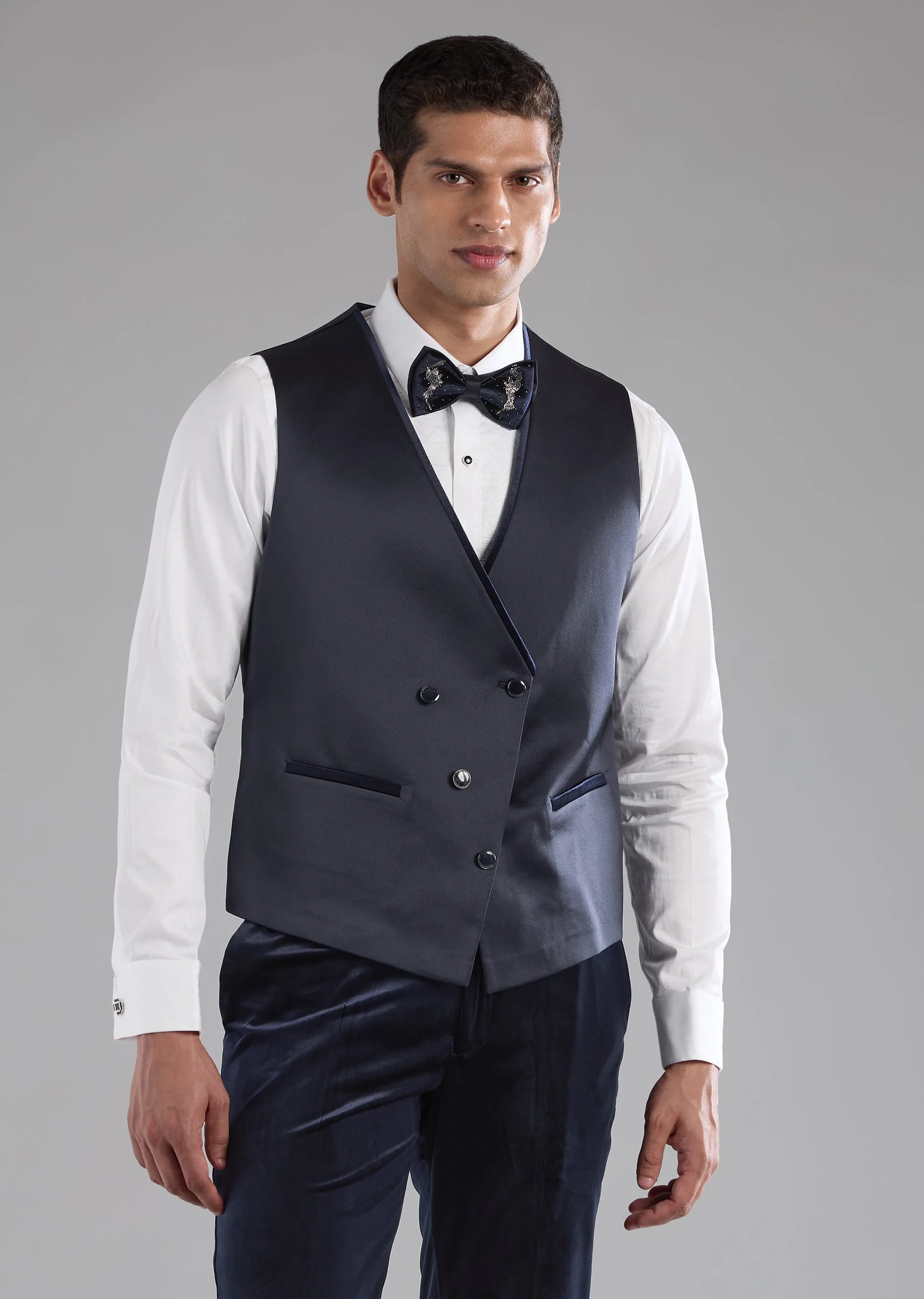 Blue Velvet Embellished Tuxedo and Bow Set - Image 6