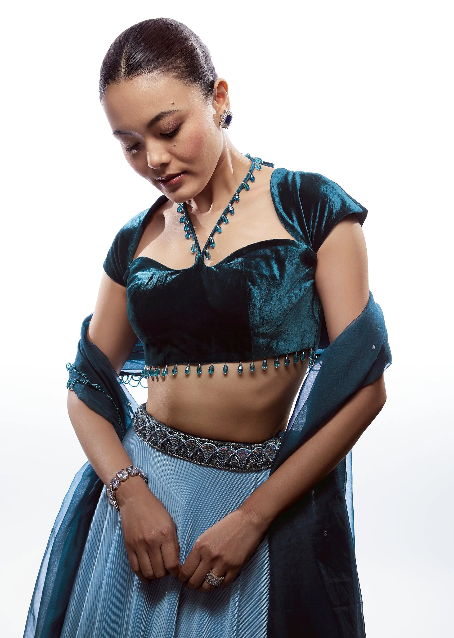 Blue Velvet Fancy Neck Blouse With Cap Sleeves And Neck Dori