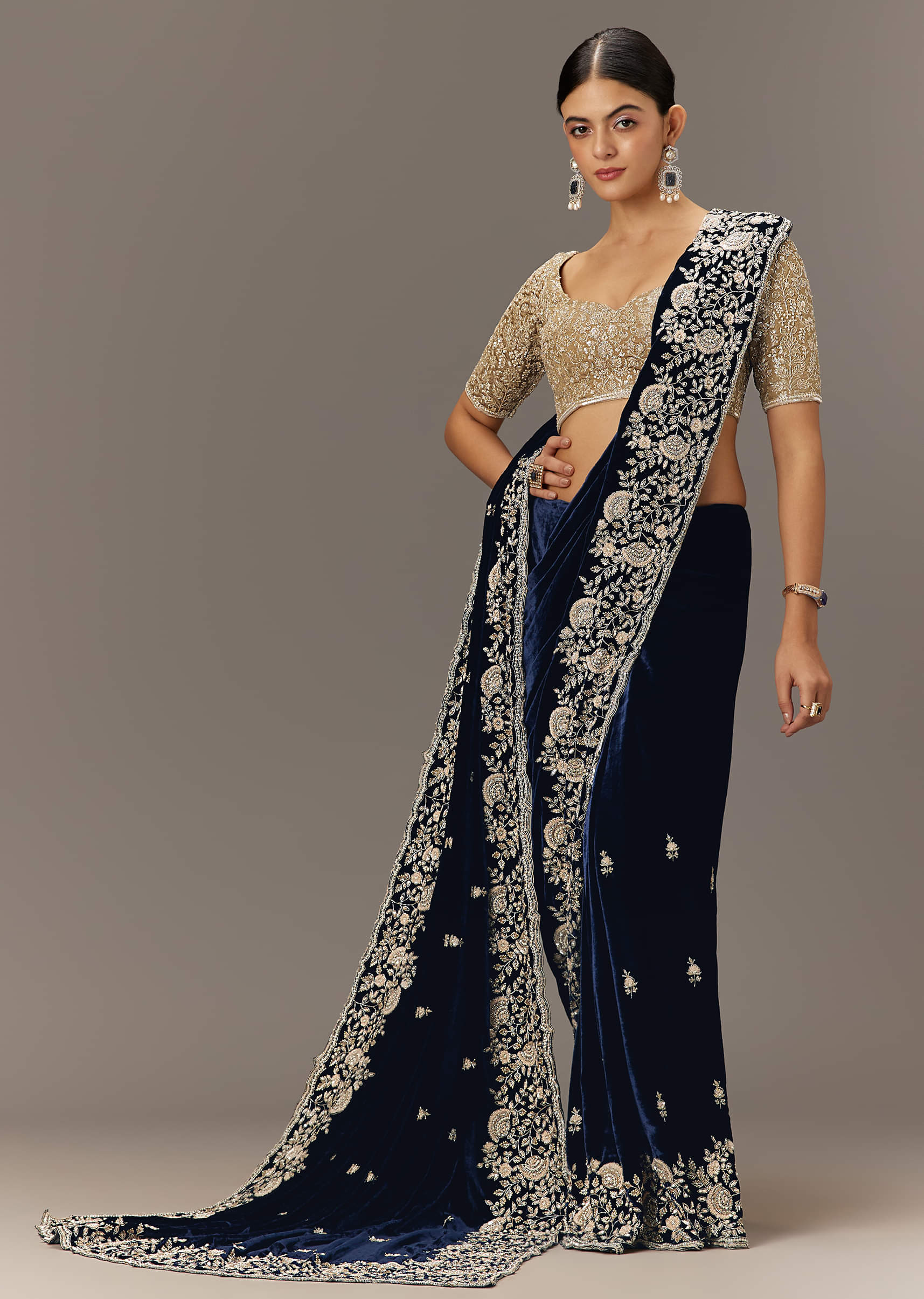 Blue Velvet Saree With Brocade Embroidered Blouse - Image 2