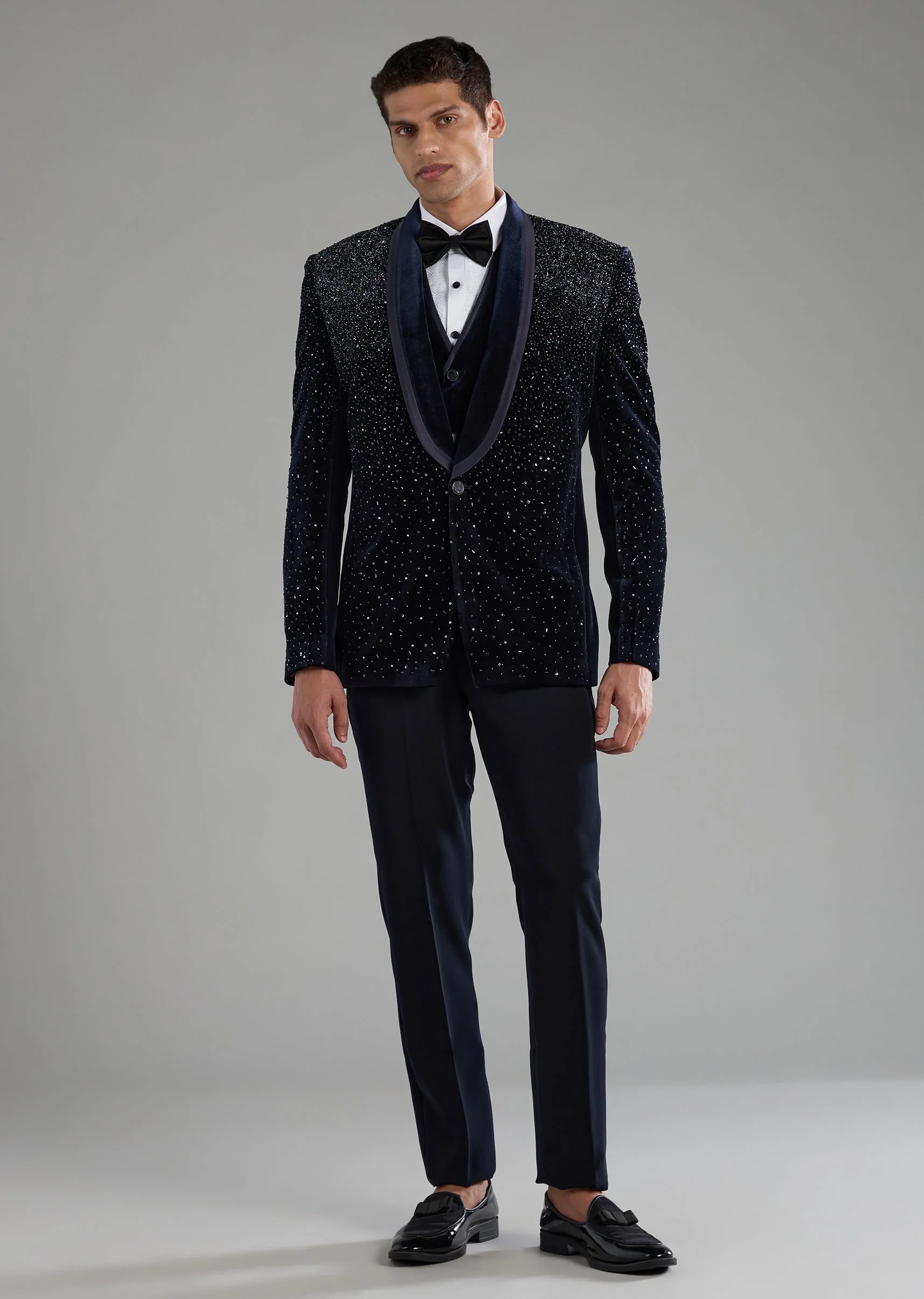 Blue Zardozi Embellished Tuxedo Set with Bow Tie - Image 4