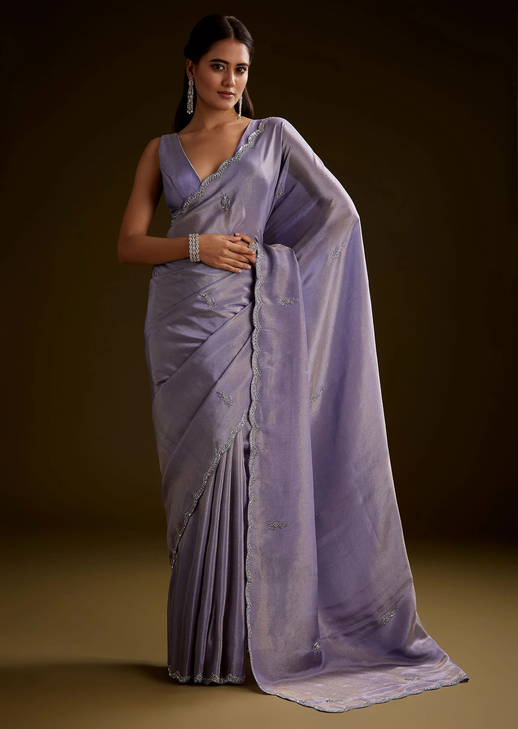 Blush Grey Tissue Saree With Cutdana And Sequins Embroidery And Scallop Border - Image 2