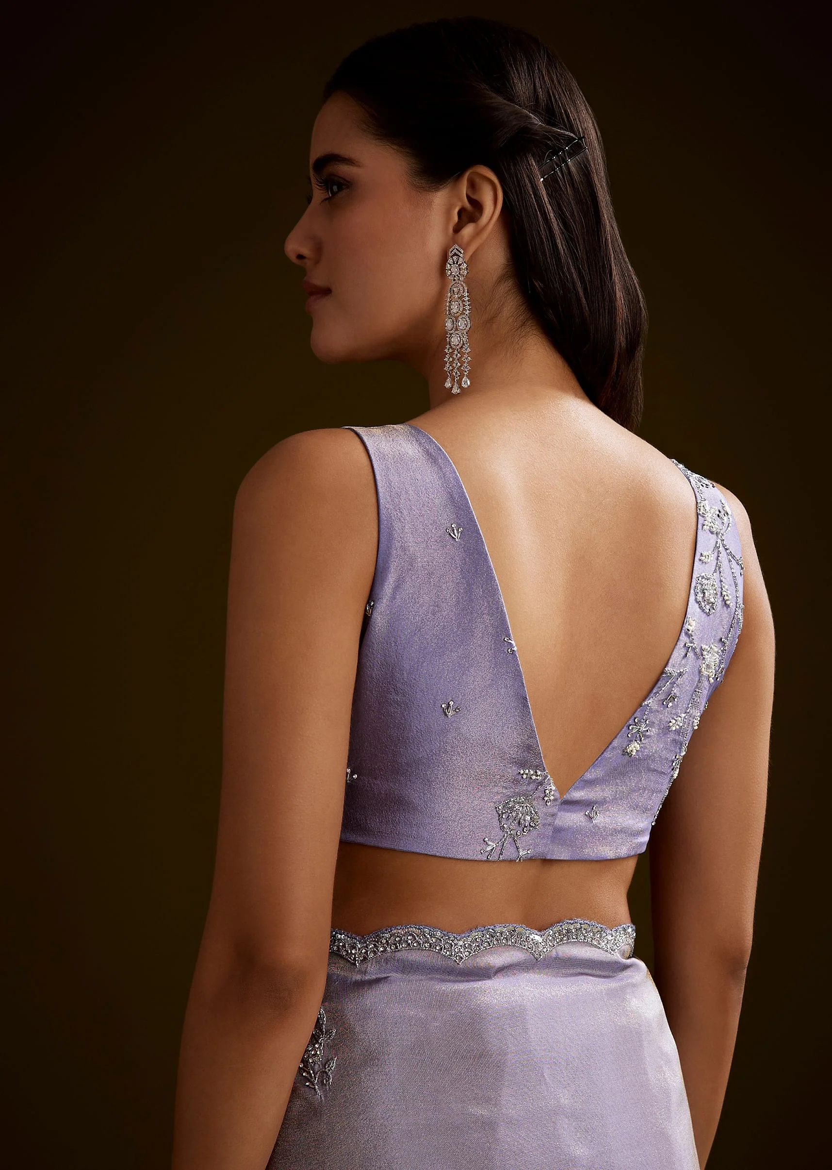 Blush Grey Tissue Saree With Cutdana And Sequins Embroidery And Scallop Border - Image 8
